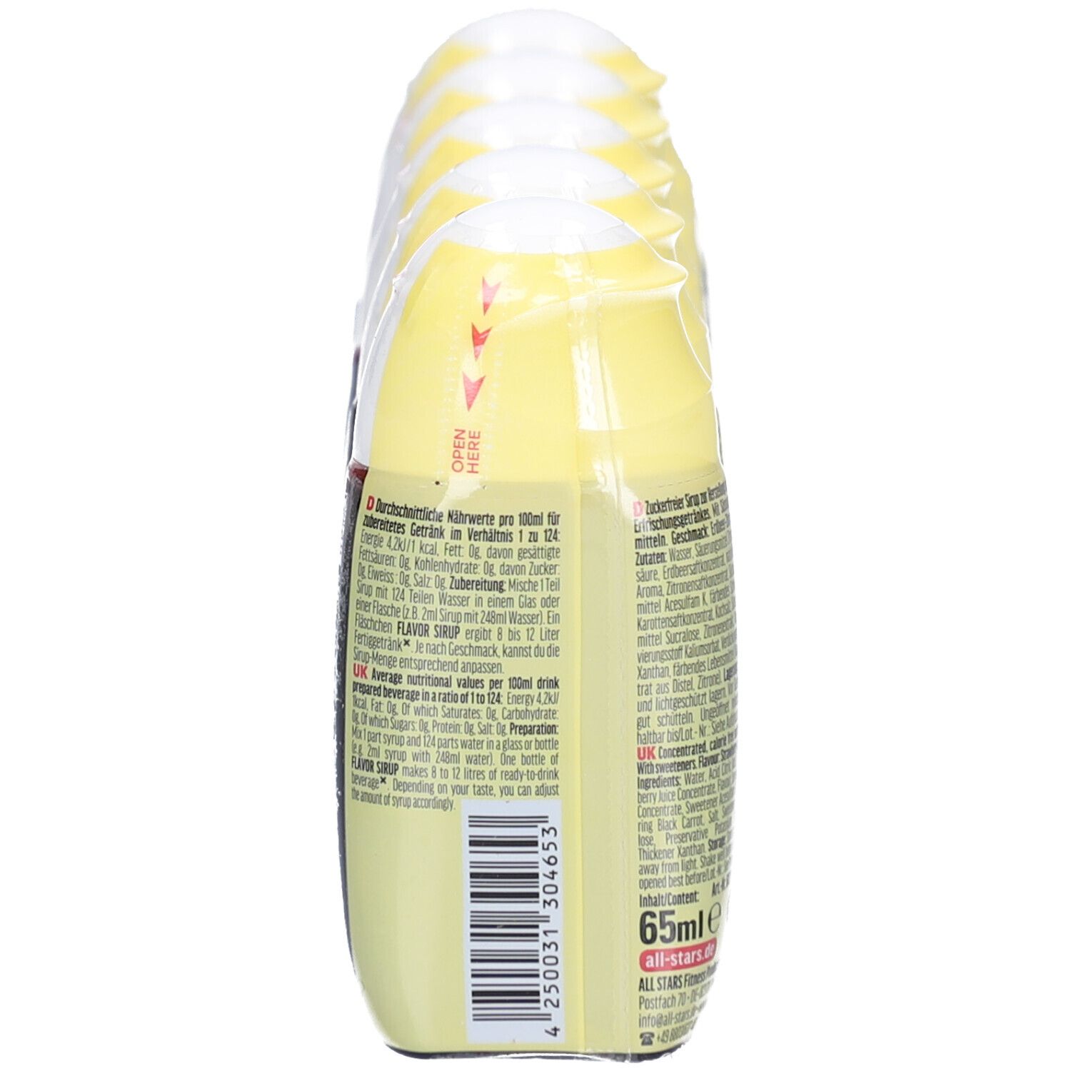 Dos des bouteilles de sirop emballées. Bouteilles jaune-rose dans un film transparent. Texte en allemand. Code-barres et informations d'utilisation.