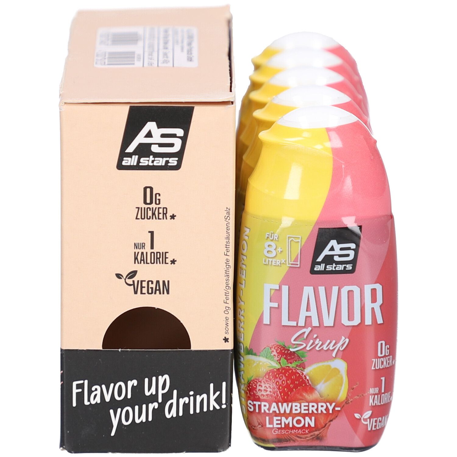 Emballage avec bouteilles de sirop. AS all stars, 0g sucre, 1 calorie, vegan. Inscription : Flavor up your drink ! Bouteilles fraise-citron.