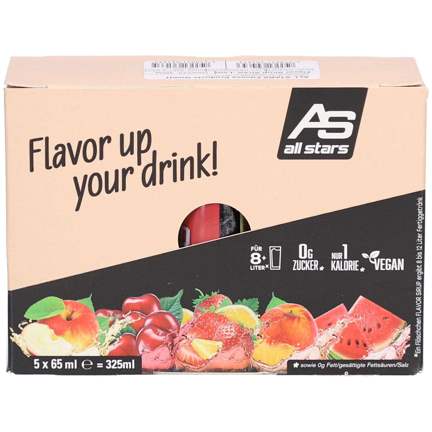 Boîte avec bouteilles de sirop. AS all stars, 5x65ml. Inscription : Flavor up your drink ! Illustration de fruits. 0g sucre, 1 calorie, vegan.
