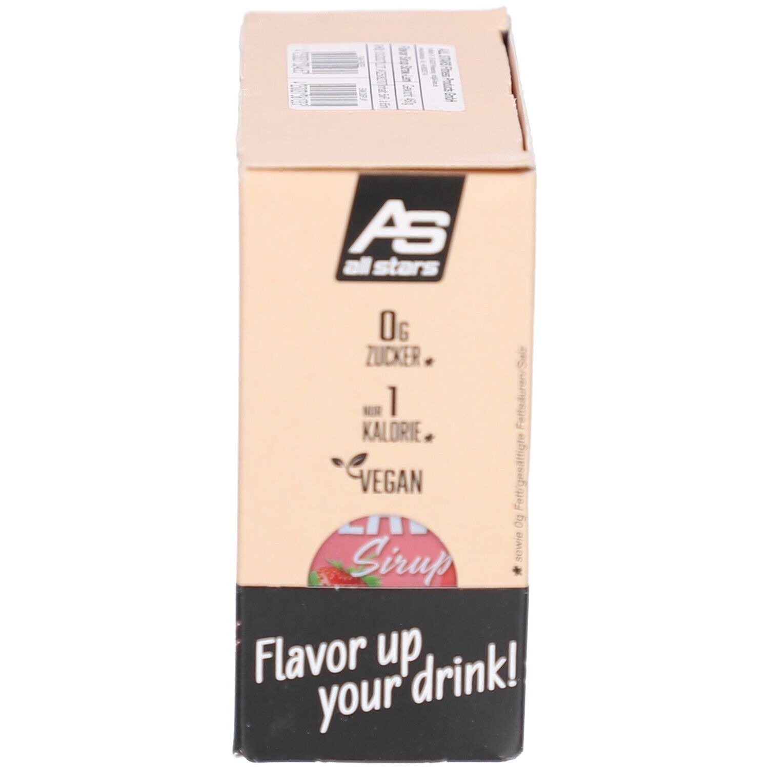 Boîte avec bouteilles de sirop. AS all stars, 0g sucre, 1 calorie, vegan. Inscription : Flavor up your drink ! Bouteilles fraise-citron.