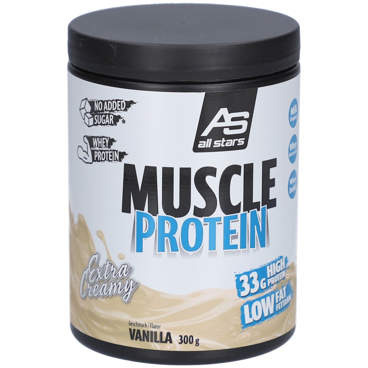Behälter mit "all stars Muscle Protein"-Pulver. Aufschrift "Muscle Protein", "Vanille", "33g Protein", "Low Fat".