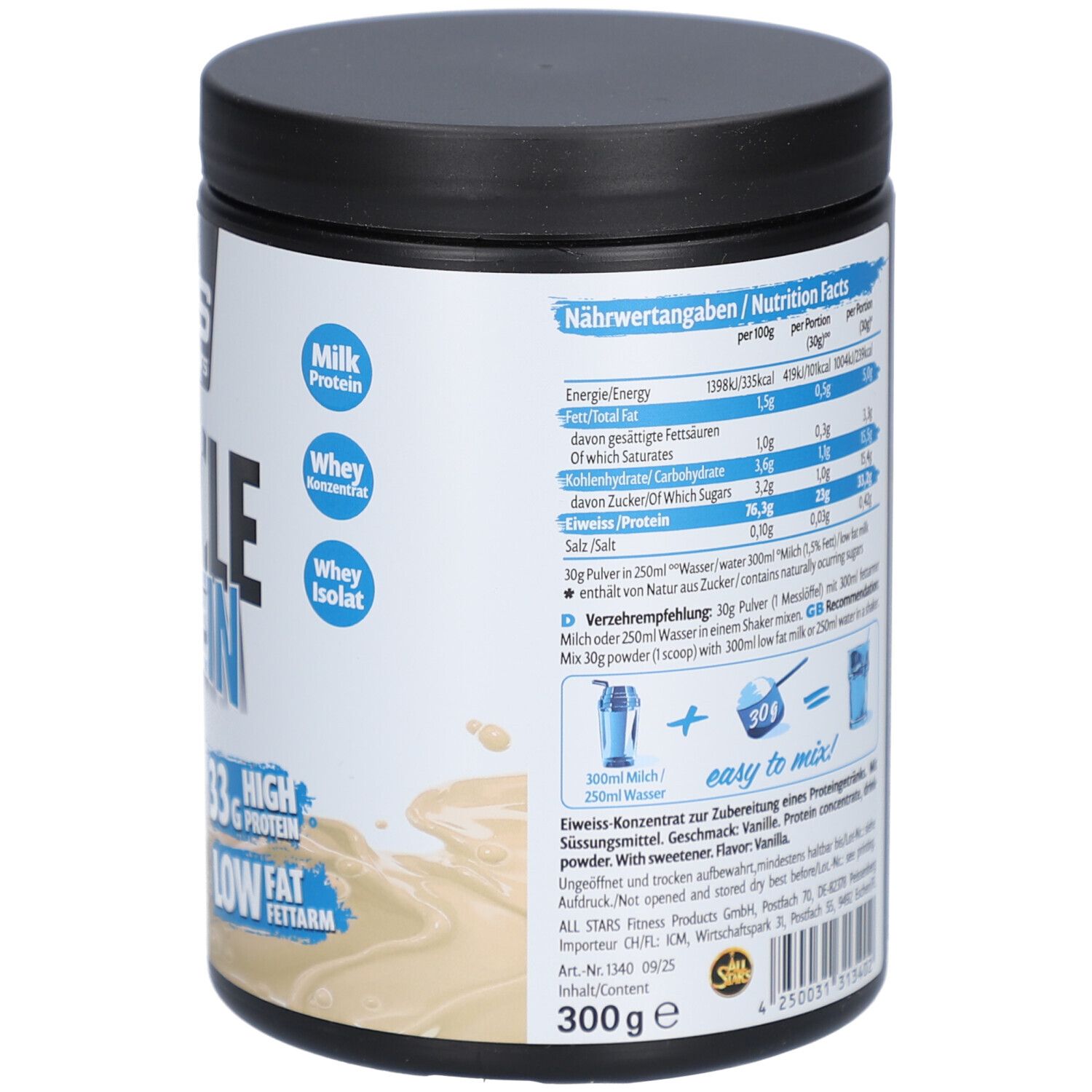 Rückseite des Behälters mit "all stars Muscle Protein". Nährwertangaben, Zubereitungshinweise, Inhaltsstoffe, und Logos.
