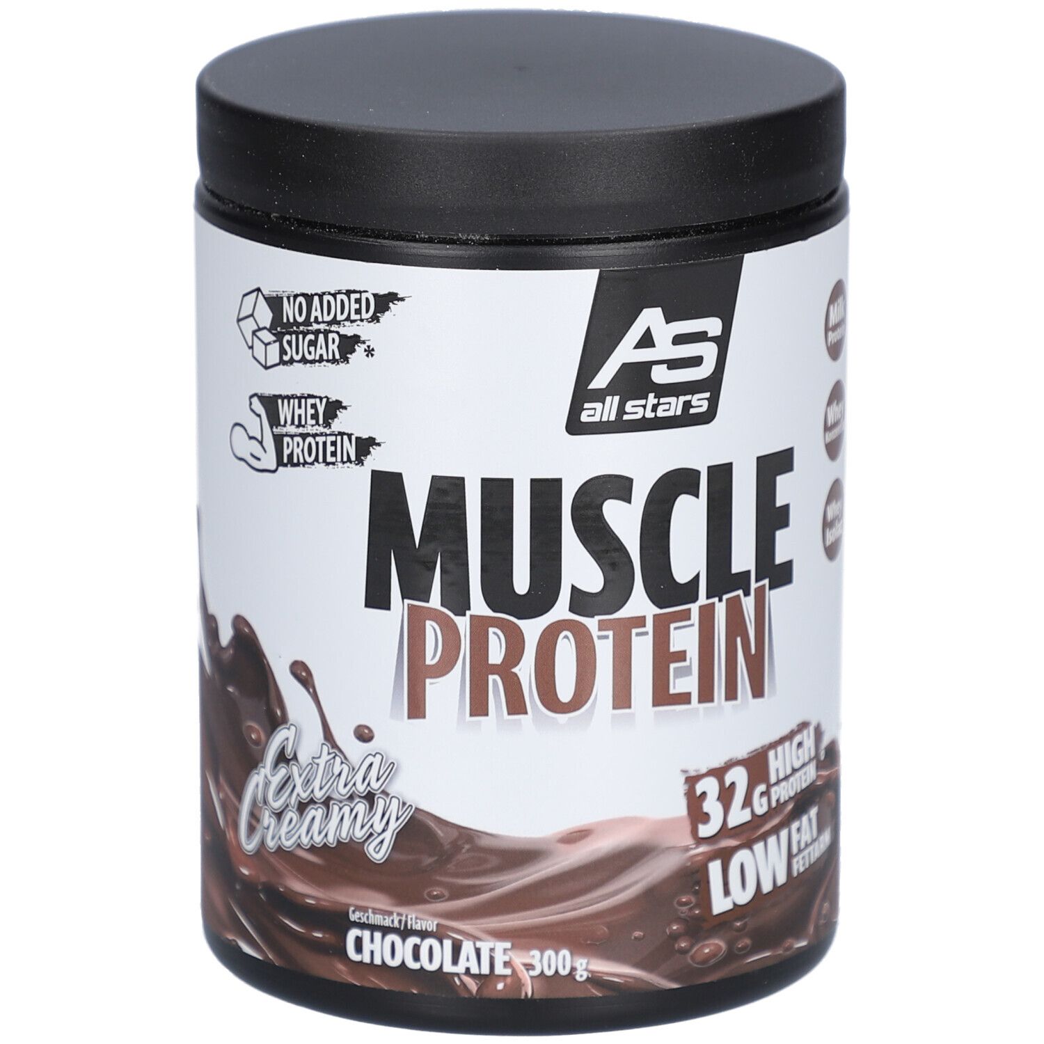 Pot avec couvercle noir. Inscription: MUSCLE PROTEIN, Extra Creamy, Chocolate. Contient 32g de protéines, faible en gras. Logo AS all stars.