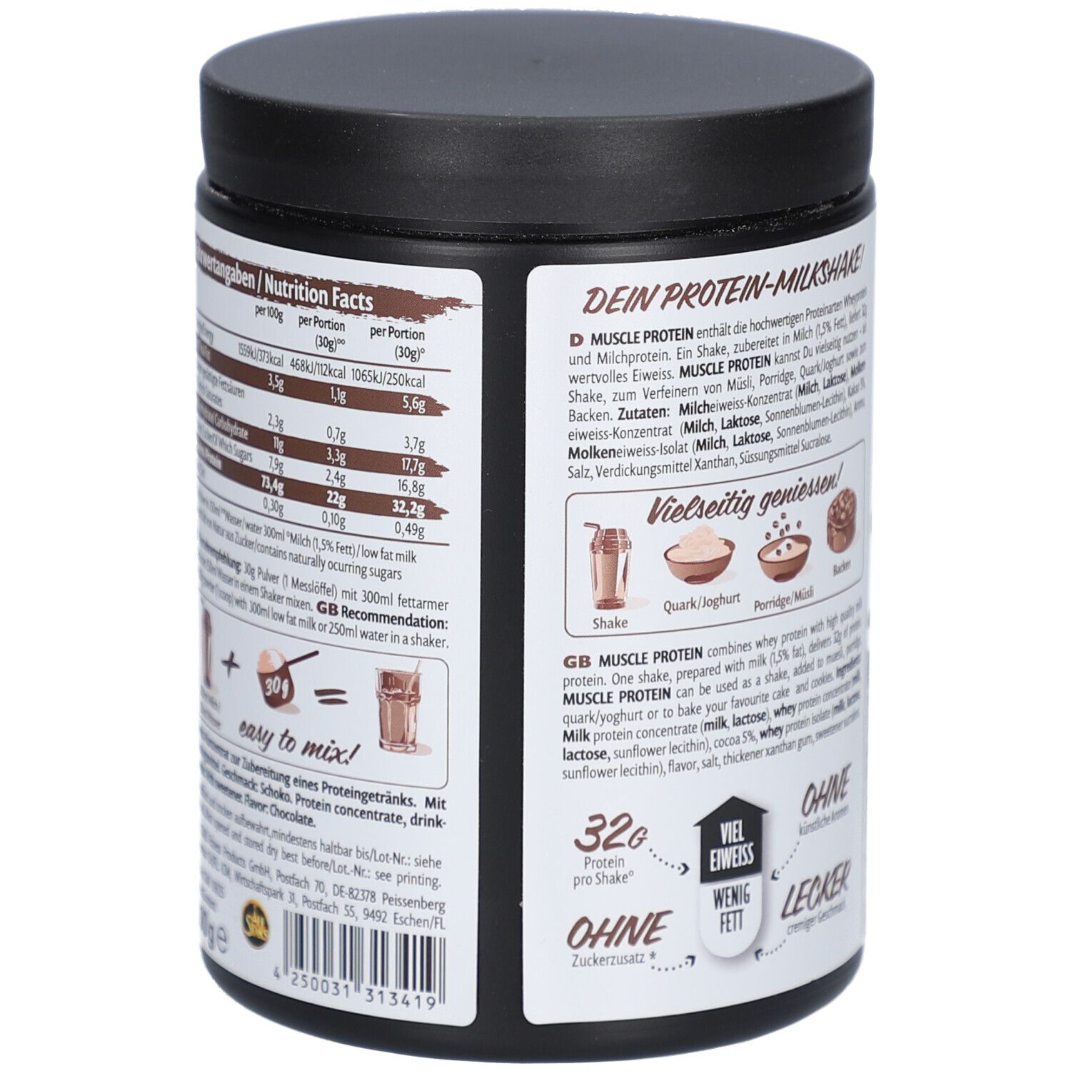 Pot avec couvercle noir. Dos avec informations nutritionnelles et instructions de préparation. Illustrations de shake, porridge et gâteau.
