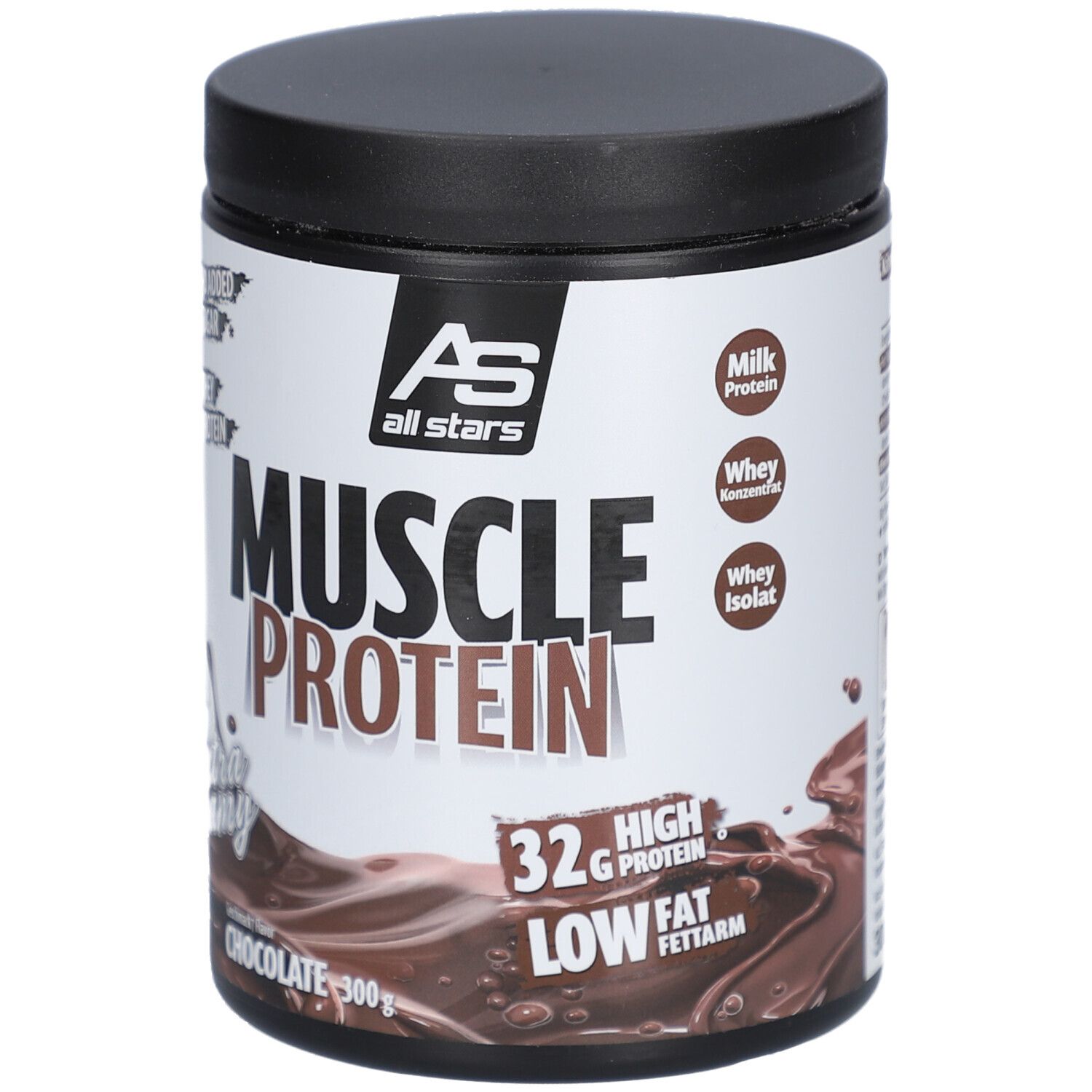 Pot avec couvercle noir. Inscription: MUSCLE PROTEIN, Chocolate. Contient 32g de protéines, faible en gras. Logo AS all stars. 300g.
