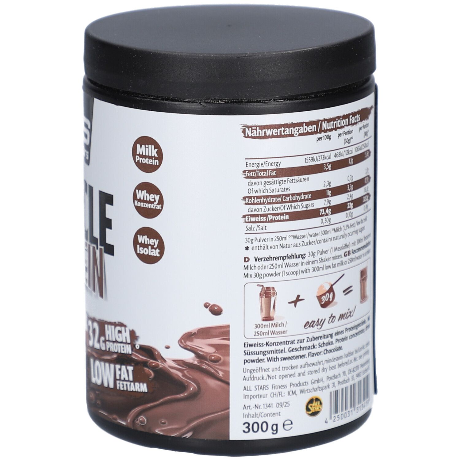 Pot avec couvercle noir. Dos avec informations nutritionnelles et instructions de préparation. Illustration de shake. Texte en allemand.