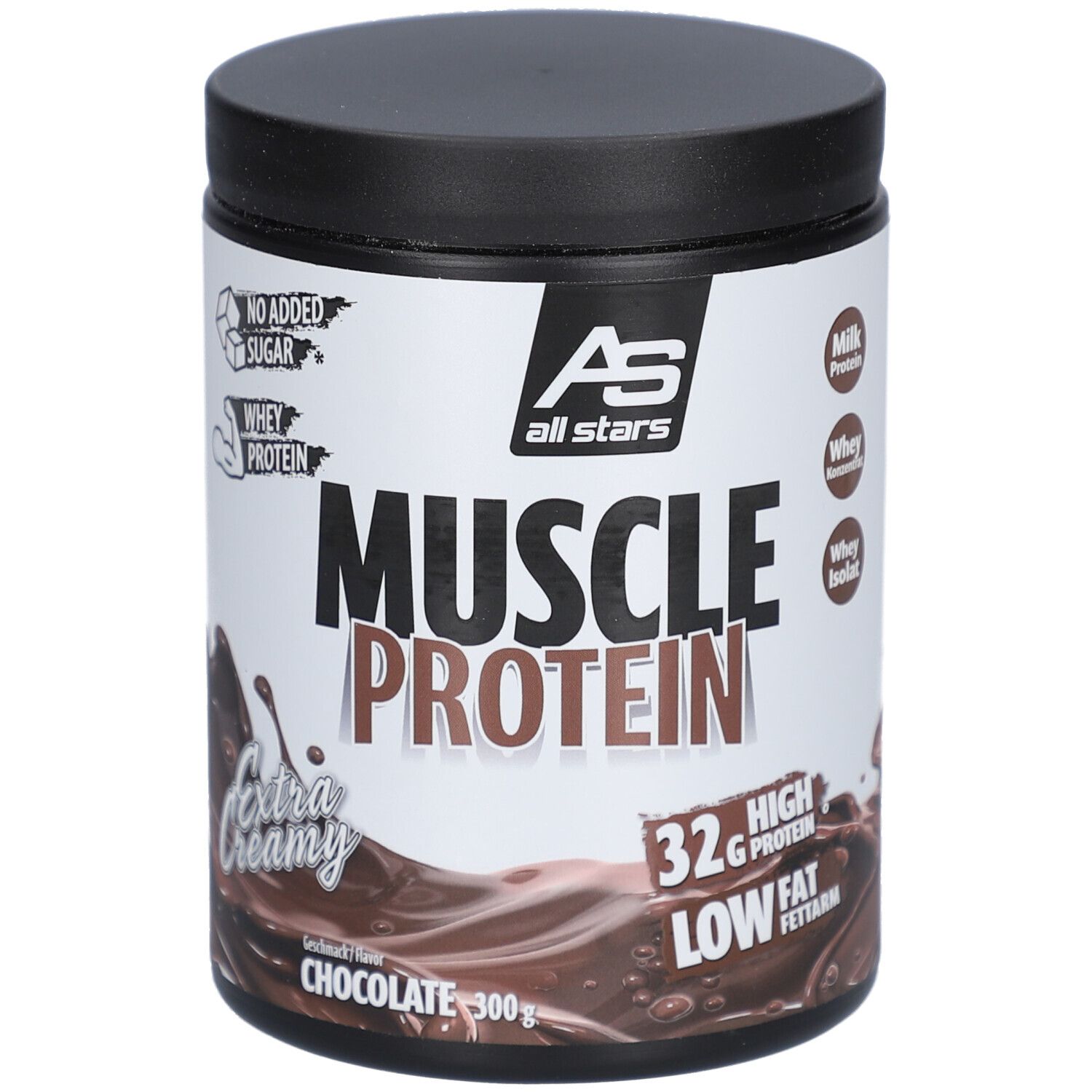 Pot avec couvercle noir. Inscription: MUSCLE PROTEIN, Chocolate. Contient 32g de protéines, faible en gras. Logo AS all stars. 300g.