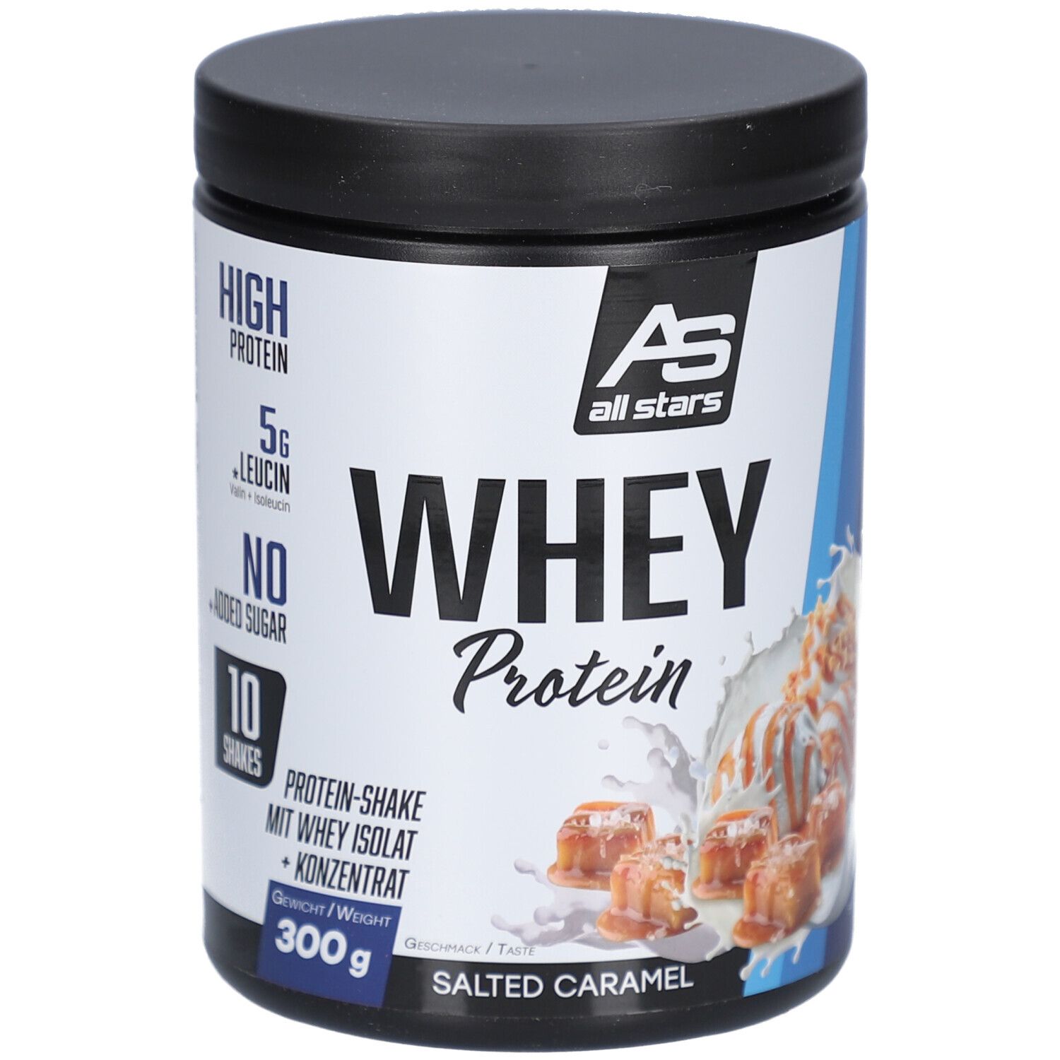 Whey Protein Dose, schwarz-weiß. Aufschrift: All Stars Whey Protein, Salted Caramel. 300g. High Protein, 5g Leucin, No Added Sugar.