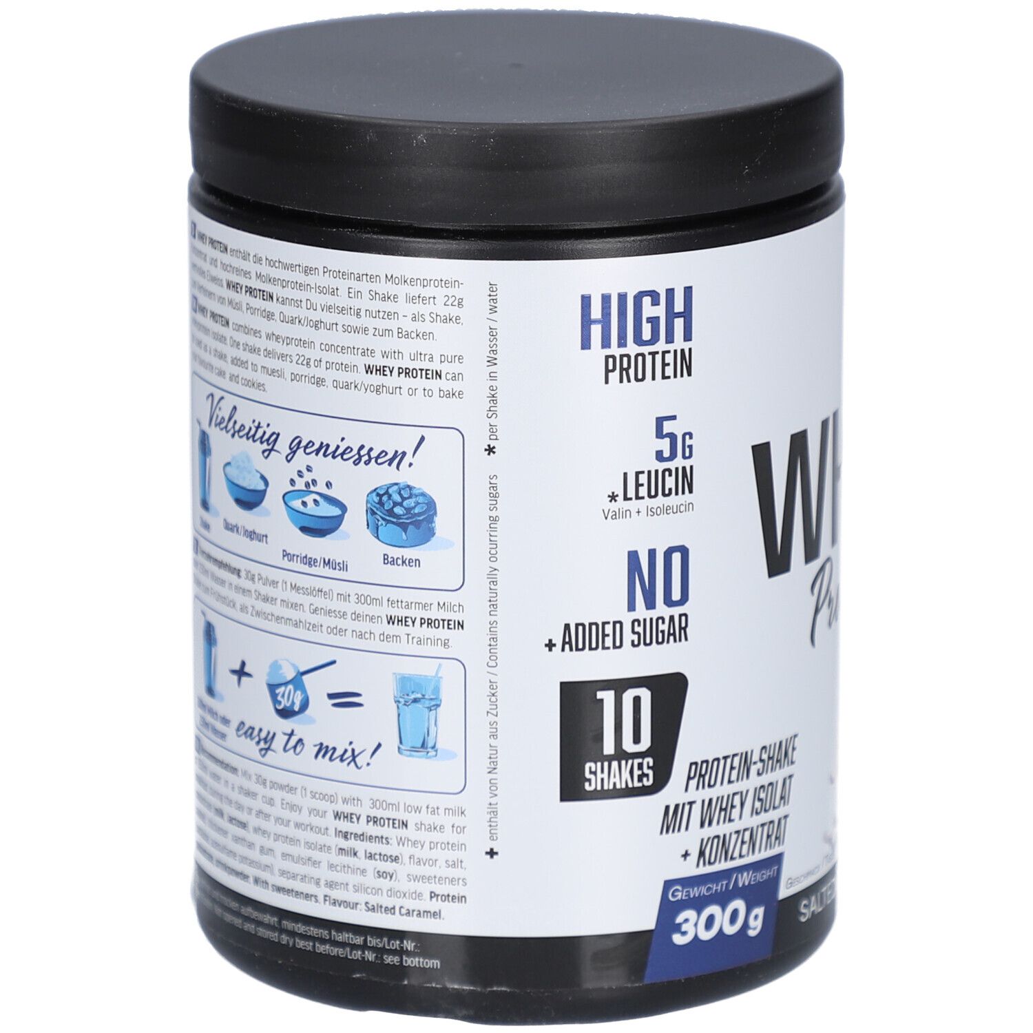 Whey Protein Dose, Rückseite. Text und Abbildungen zur Zubereitung. Inhaltsstoffe und Nährwertangaben. 300g. Salted Caramel.