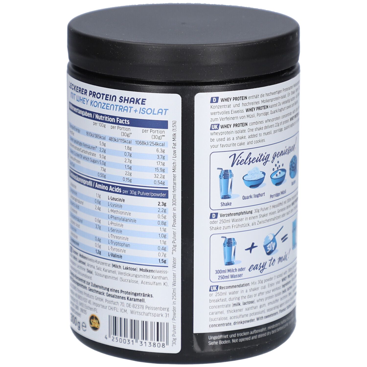 Whey Protein Dose, Rückseite. Text und Abbildungen zur Zubereitung. Inhaltsstoffe und Nährwertangaben. 300g. Salted Caramel.