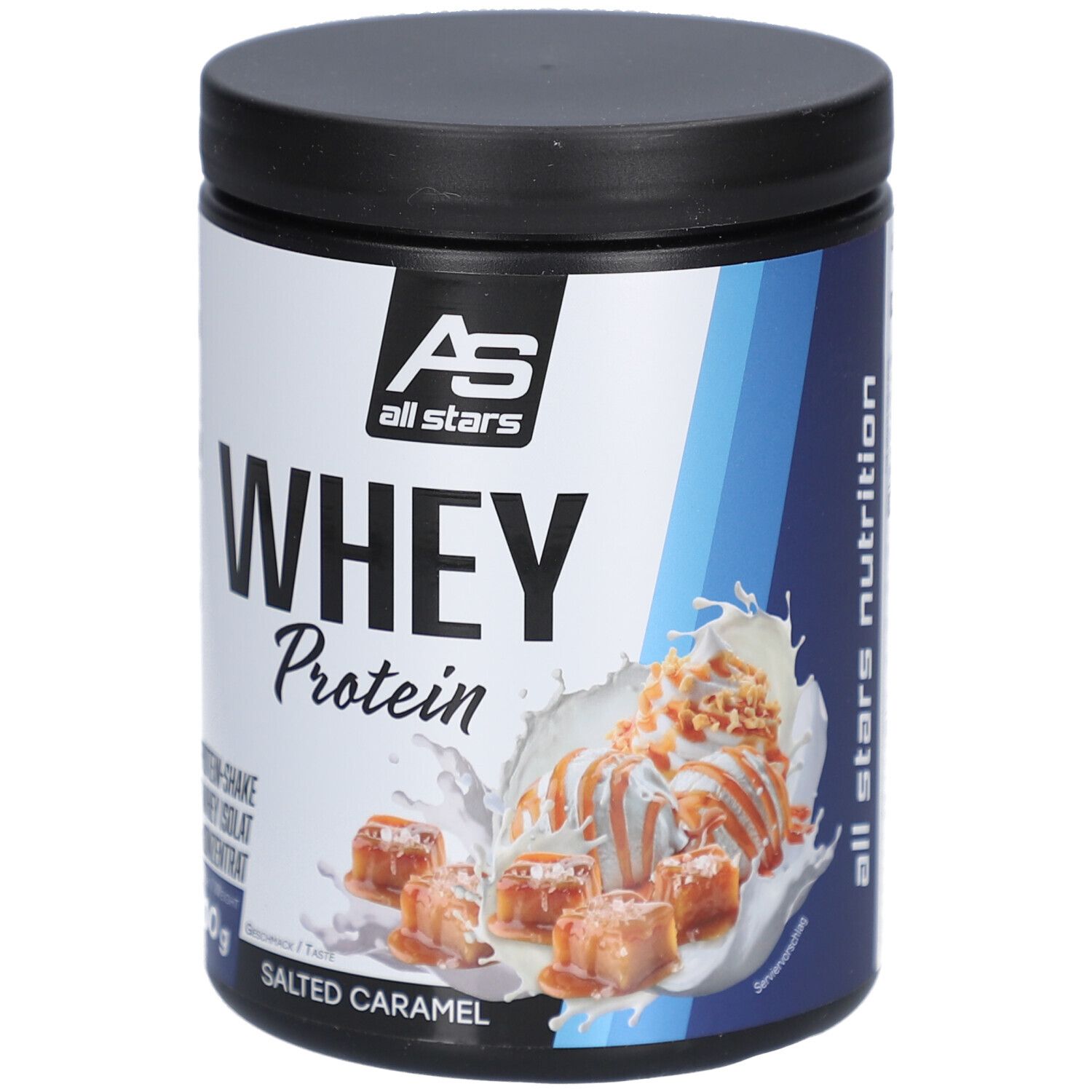 Whey Protein Dose, Seitenansicht. Aufschrift: All Stars Whey Protein, Salted Caramel. 300g. Nährwertangaben und Aminosäuren.