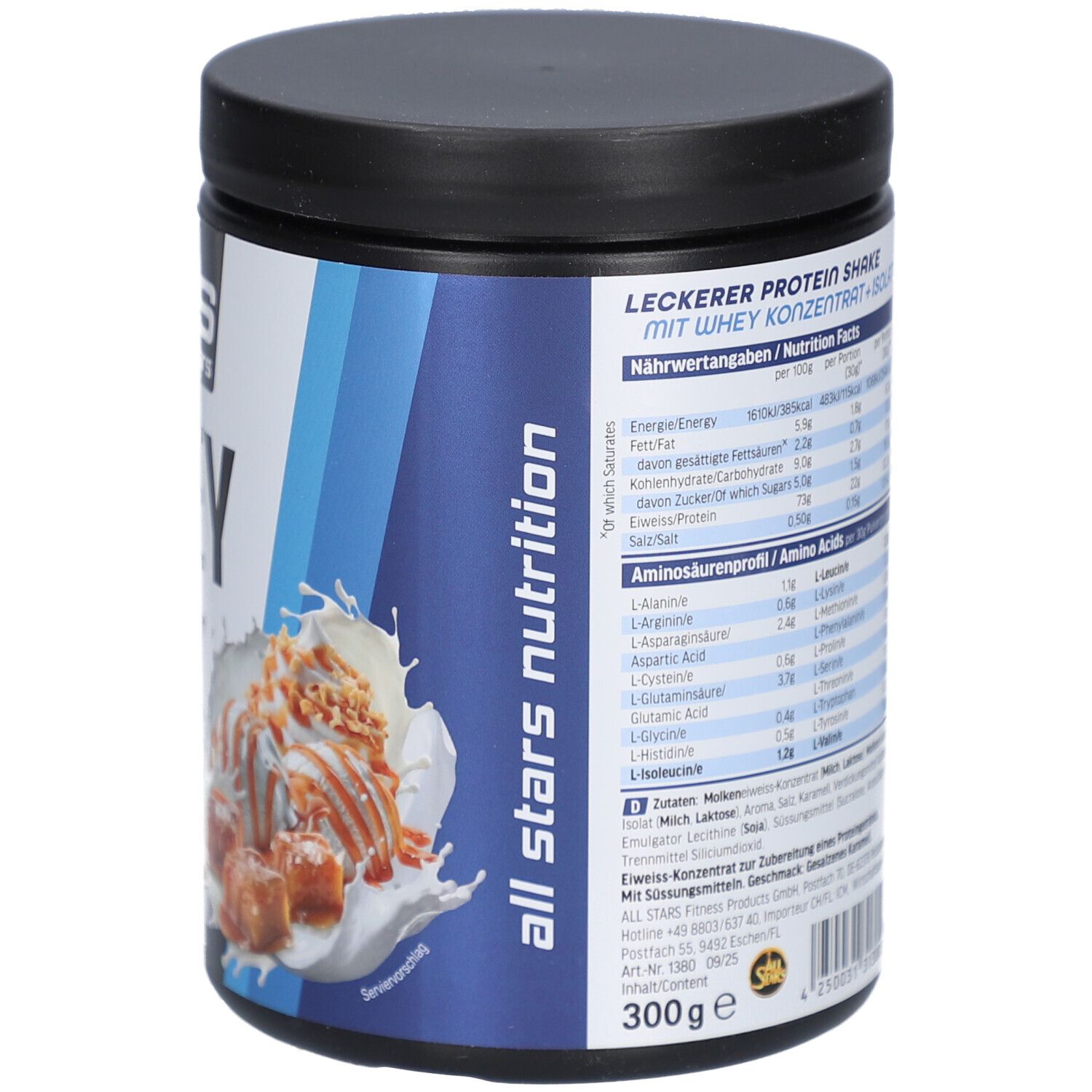 Whey Protein Dose, schwarz-weiß. Aufschrift: All Stars Whey Protein, Salted Caramel. 300g. High Protein, 5g Leucin, No Added Sugar.