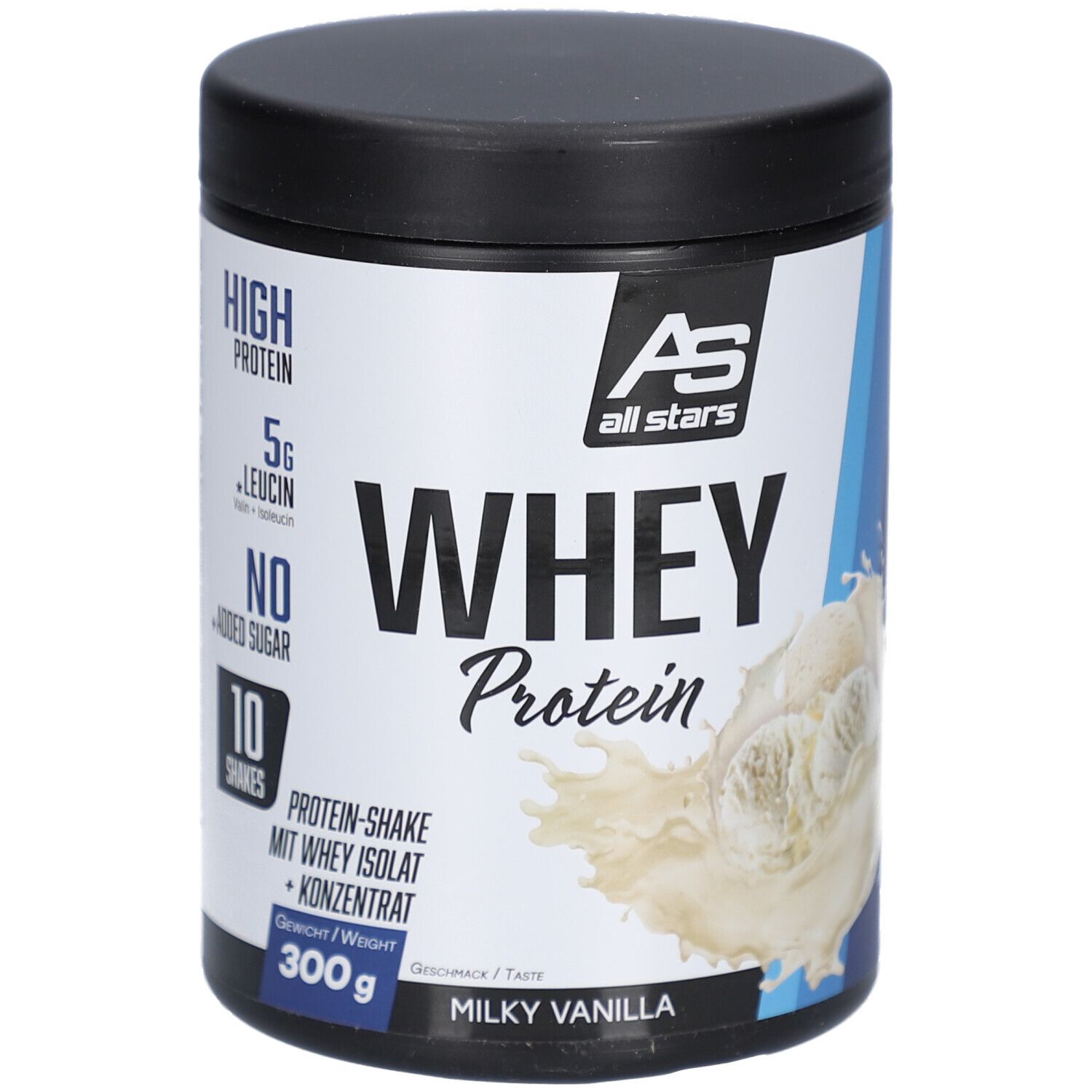 Runde Dose mit schwarzem Deckel. Aufschrift: WHEY Protein, Milky Vanilla. AS All Stars Logo. 300g. Hoher Proteingehalt, 5g Leucin, ohne Zuckerzusatz.