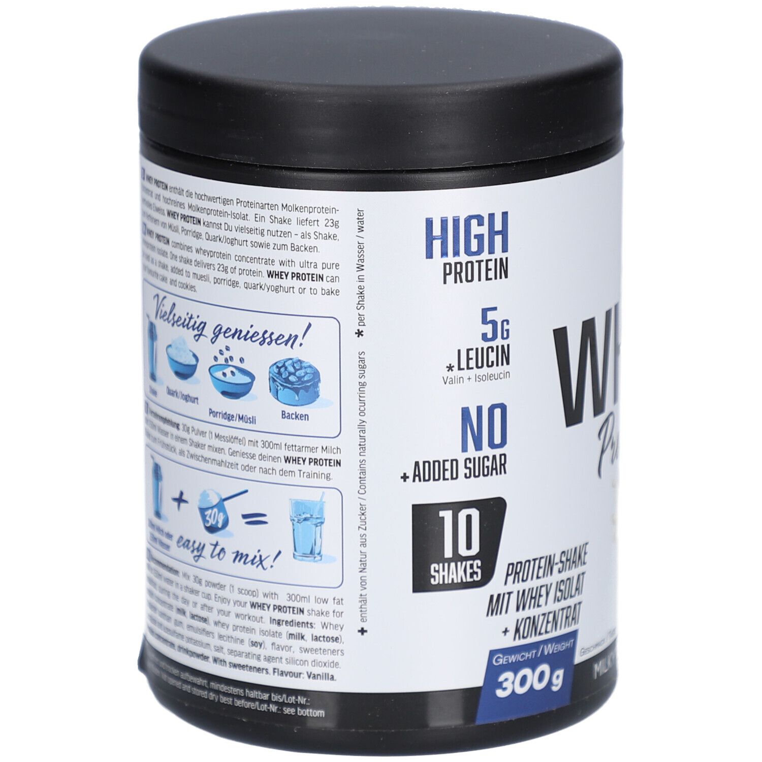 Dose mit schwarzem Deckel. Aufschrift: WHEY Protein. AS All Stars Logo. 300g. Hoher Proteingehalt, 5g Leucin, ohne Zuckerzusatz. 10 Portionen. Rückseite mit Text.