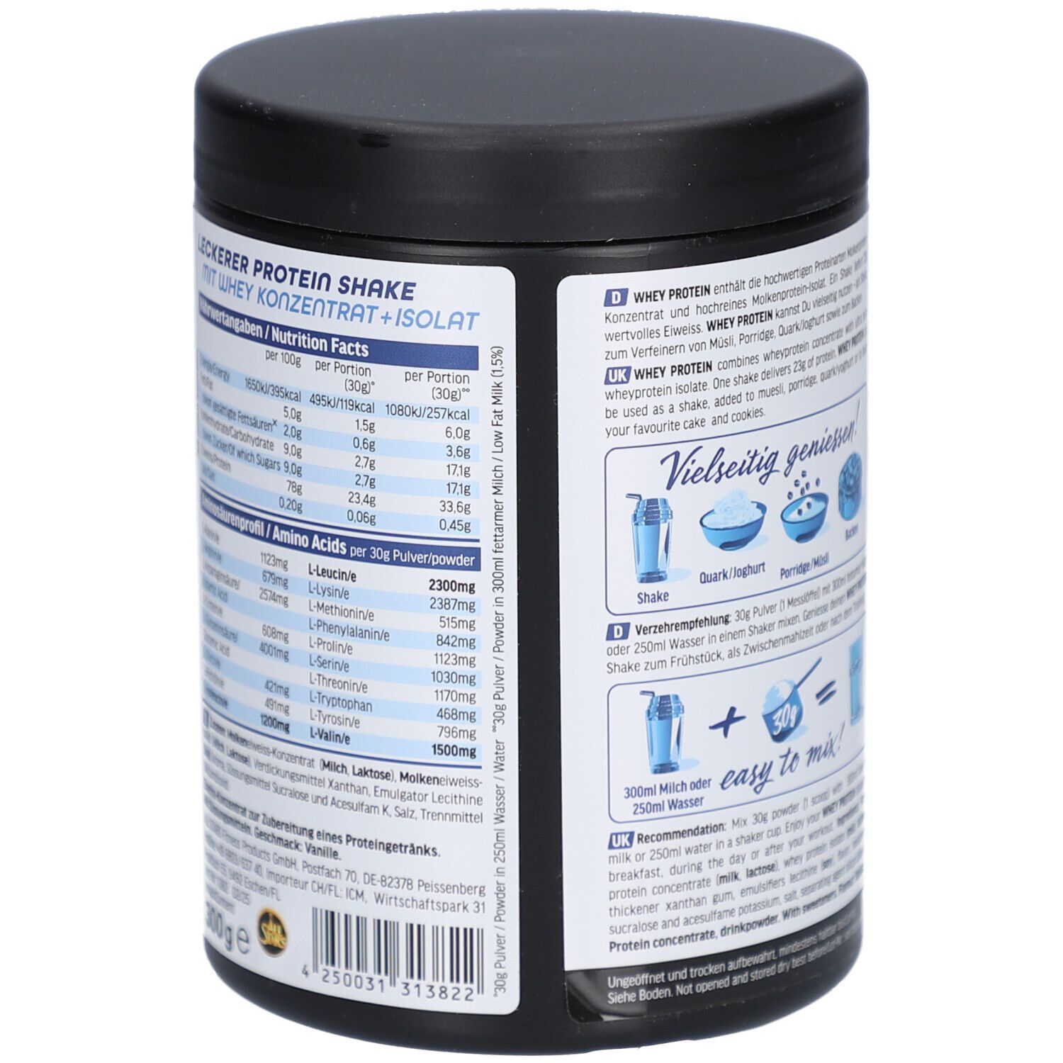 Dose mit schwarzem Deckel. Aufschrift: WHEY Protein. AS All Stars Logo. 300g. Nährwertangaben und Aminosäuren. Rückseite mit Text und Zubereitungshinweisen.