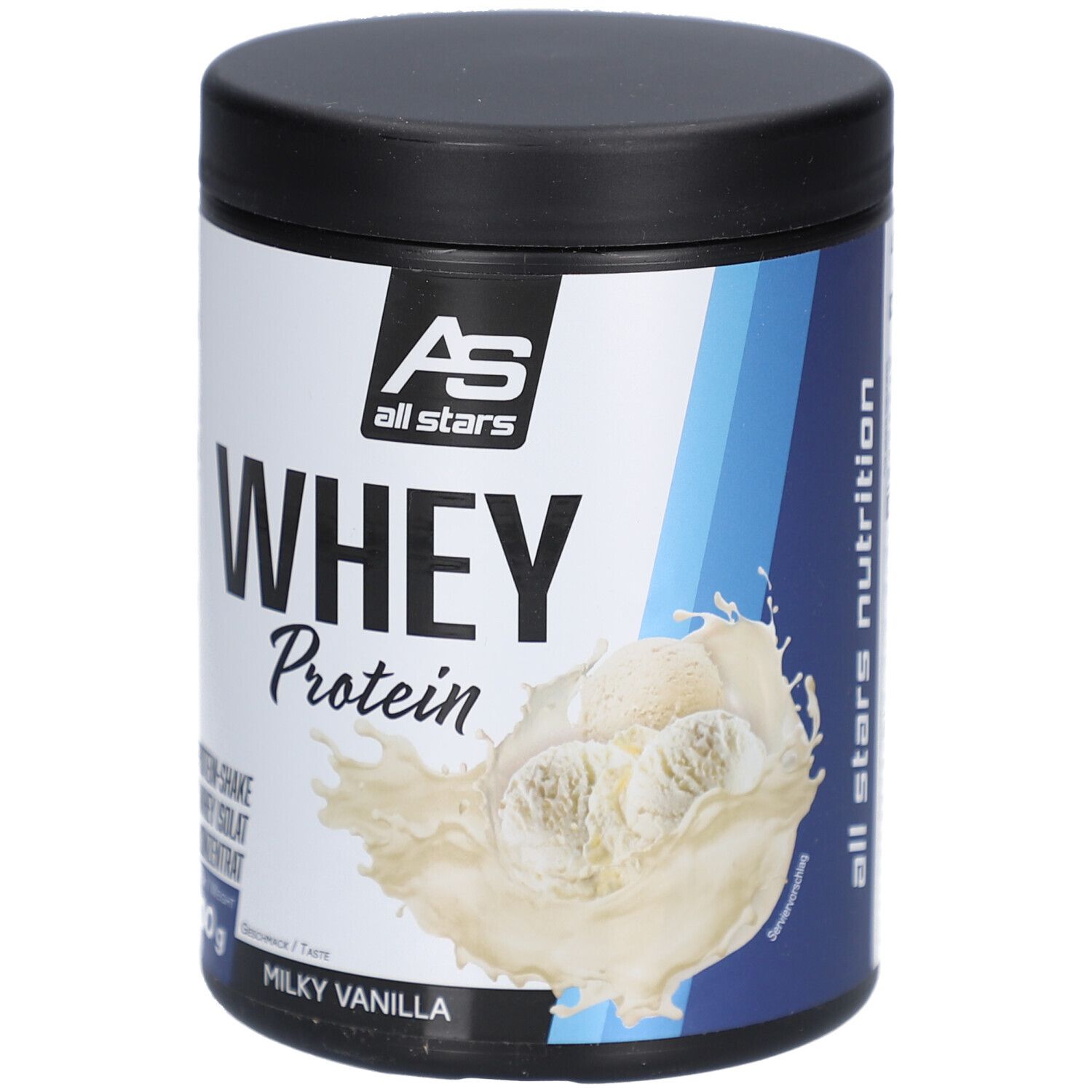 Runde Dose mit schwarzem Deckel. Aufschrift: WHEY Protein, Milky Vanilla. AS All Stars Logo. 300g. Blaue Designelemente. Produktansicht.