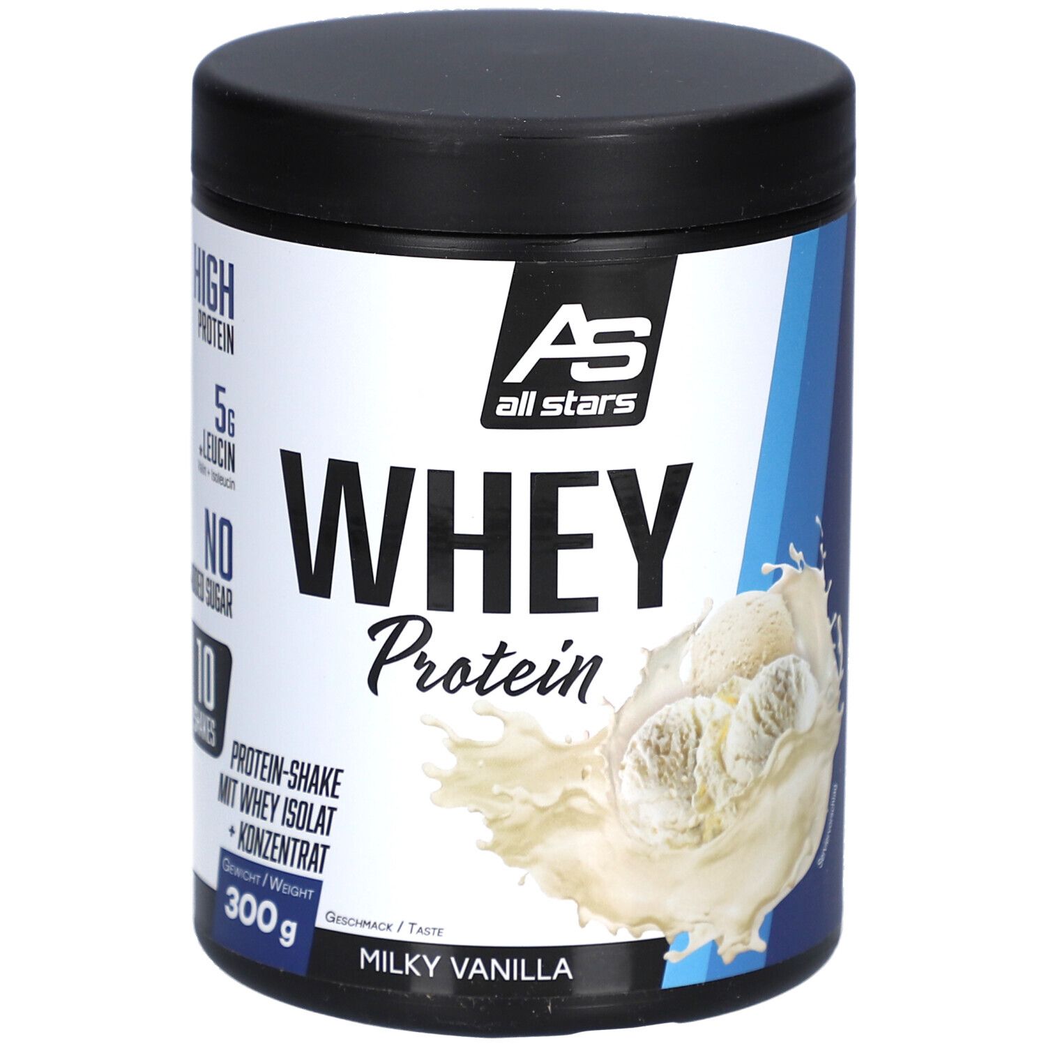 Runde Dose mit schwarzem Deckel. Aufschrift: WHEY Protein, Milky Vanilla. AS All Stars Logo. 300g. Hoher Proteingehalt, 5g Leucin, ohne Zuckerzusatz.