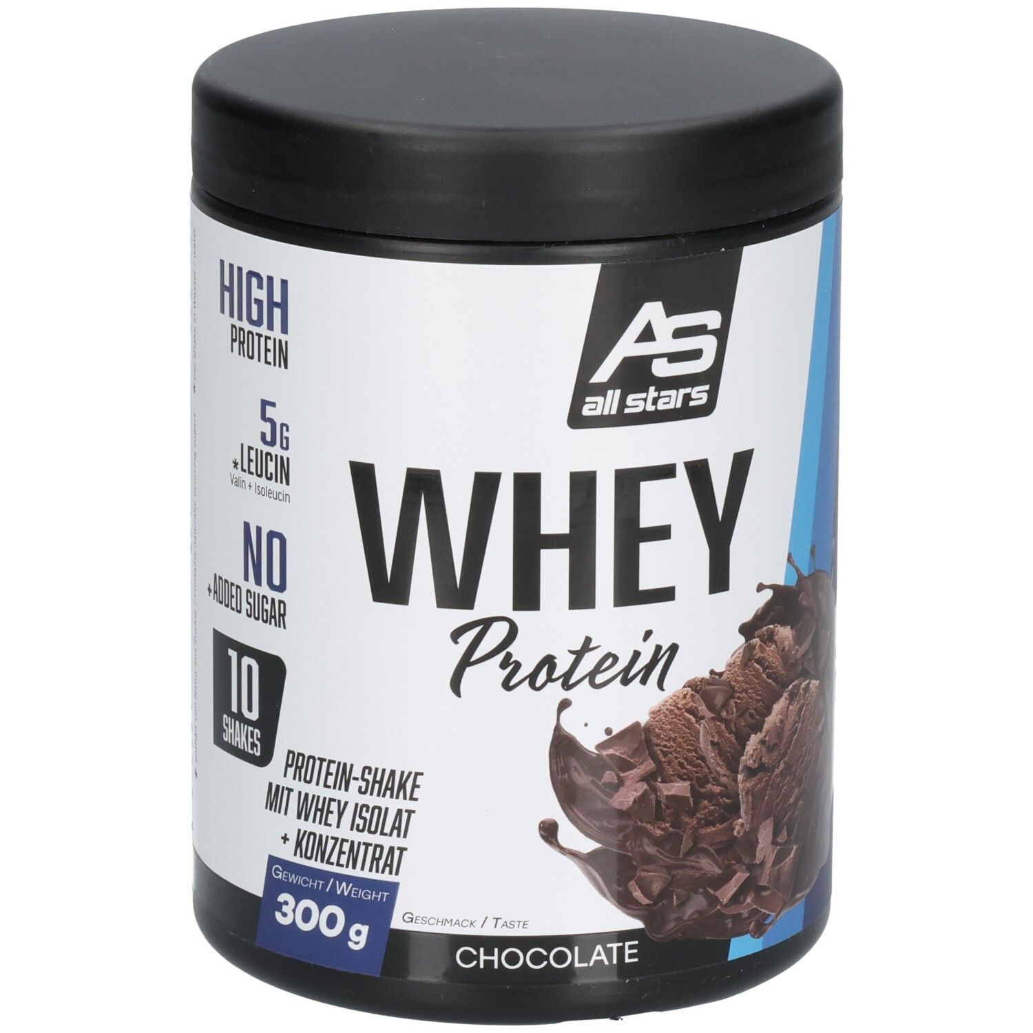 Whey Protein Dose. Schwarzer Deckel, weißes Etikett mit blauen Akzenten. Aufschrift: Whey Protein, Chocolate, 300g. AS All Stars Logo.
