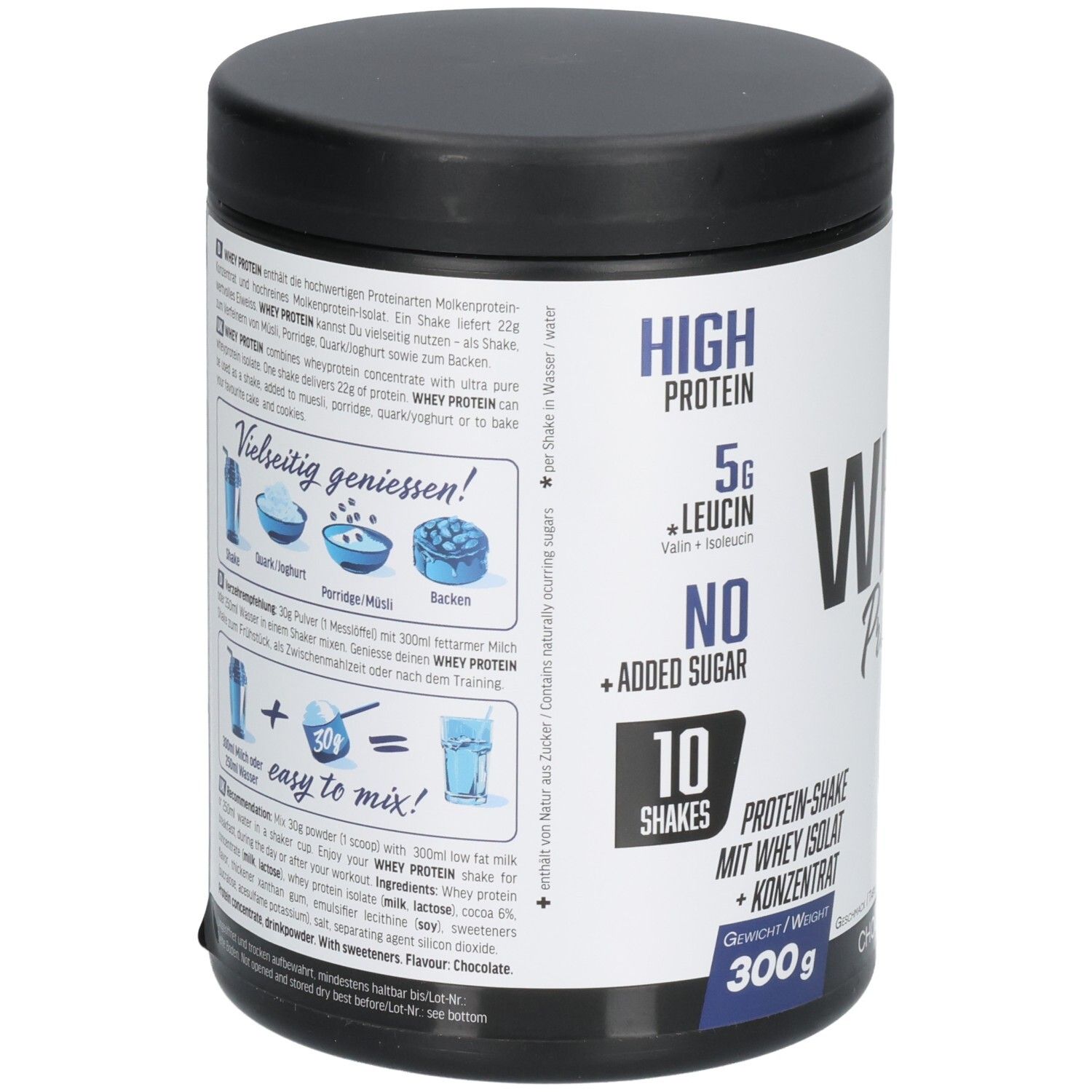 Whey Protein Dose. Rückseite mit Text und Illustrationen. Enthält Informationen zu Inhaltsstoffen und Zubereitung. 300g Dose.