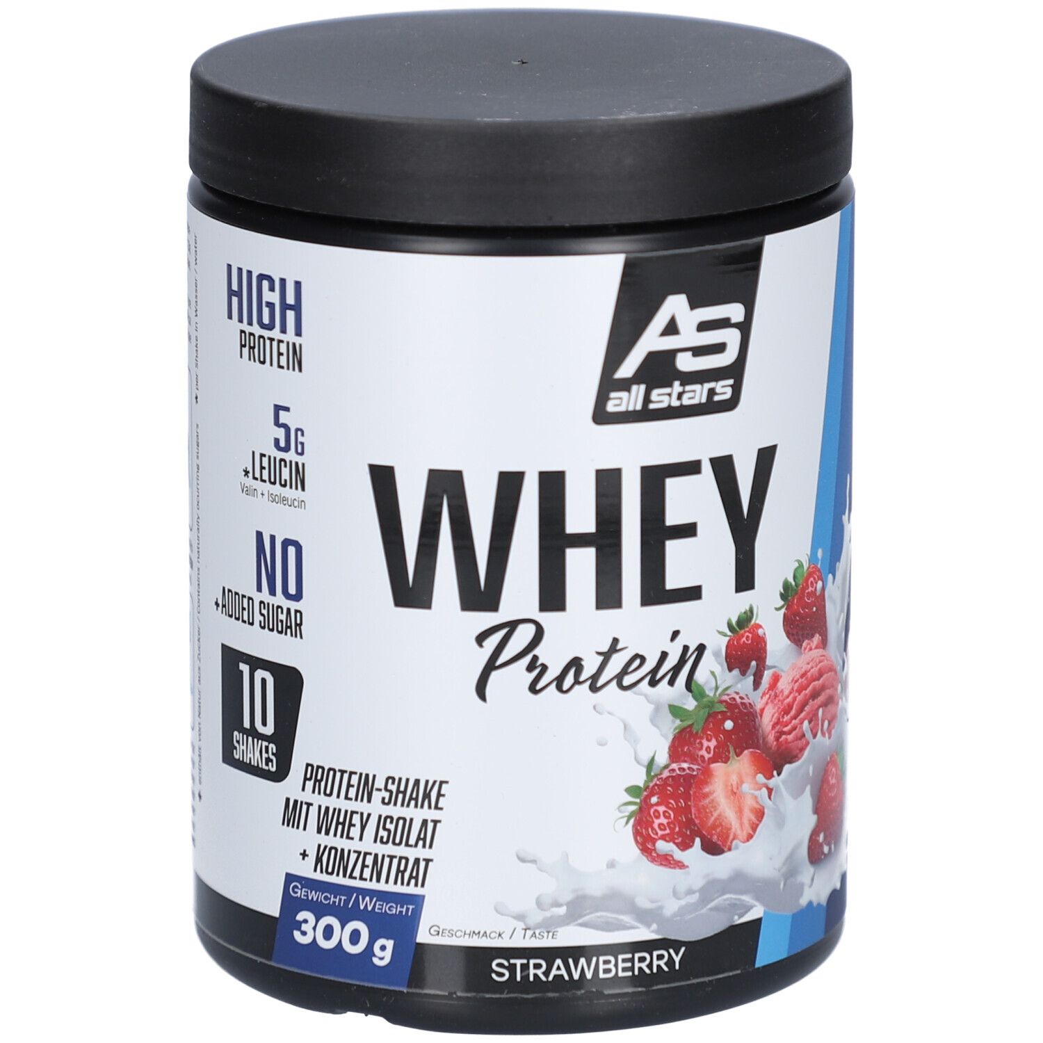 Boîte ronde avec couvercle noir. Inscription : Whey Protein, fraise. Contient 300g. Marque : All Stars.