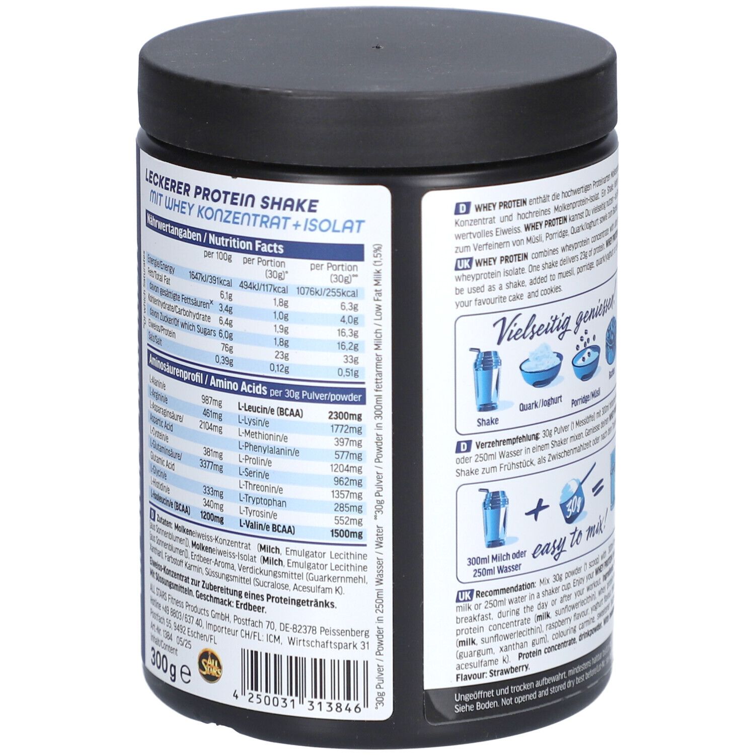 Boîte ronde avec couvercle noir. Dos avec informations nutritionnelles et texte. Contient 300g. Marque : All Stars.
