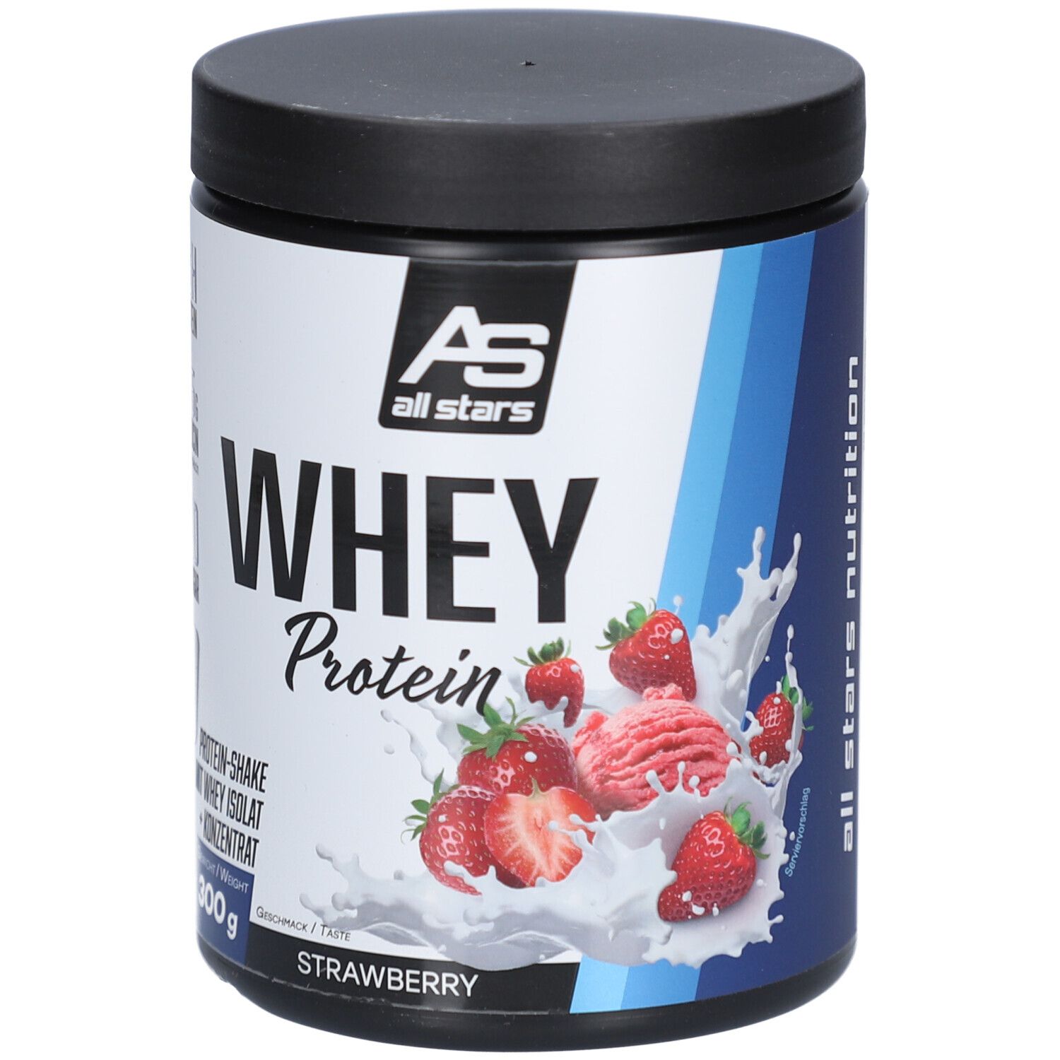 Boîte ronde avec couvercle noir. Inscription : Whey Protein, fraise. Contient 300g. Marque : All Stars.