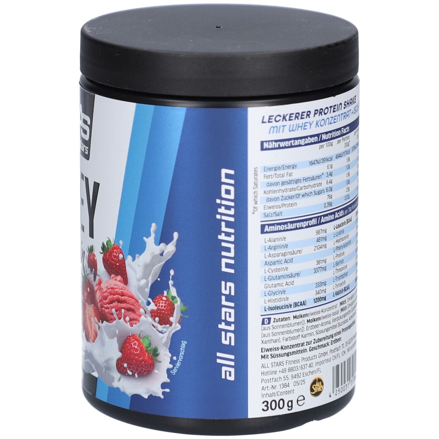 Boîte ronde avec couvercle noir. Côté avec informations nutritionnelles et texte. Contient 300g. Marque : All Stars.