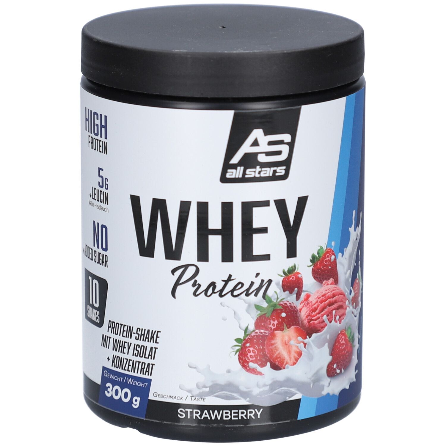 Boîte ronde avec couvercle noir. Inscription : Whey Protein, fraise. Contient 300g. Marque : All Stars.