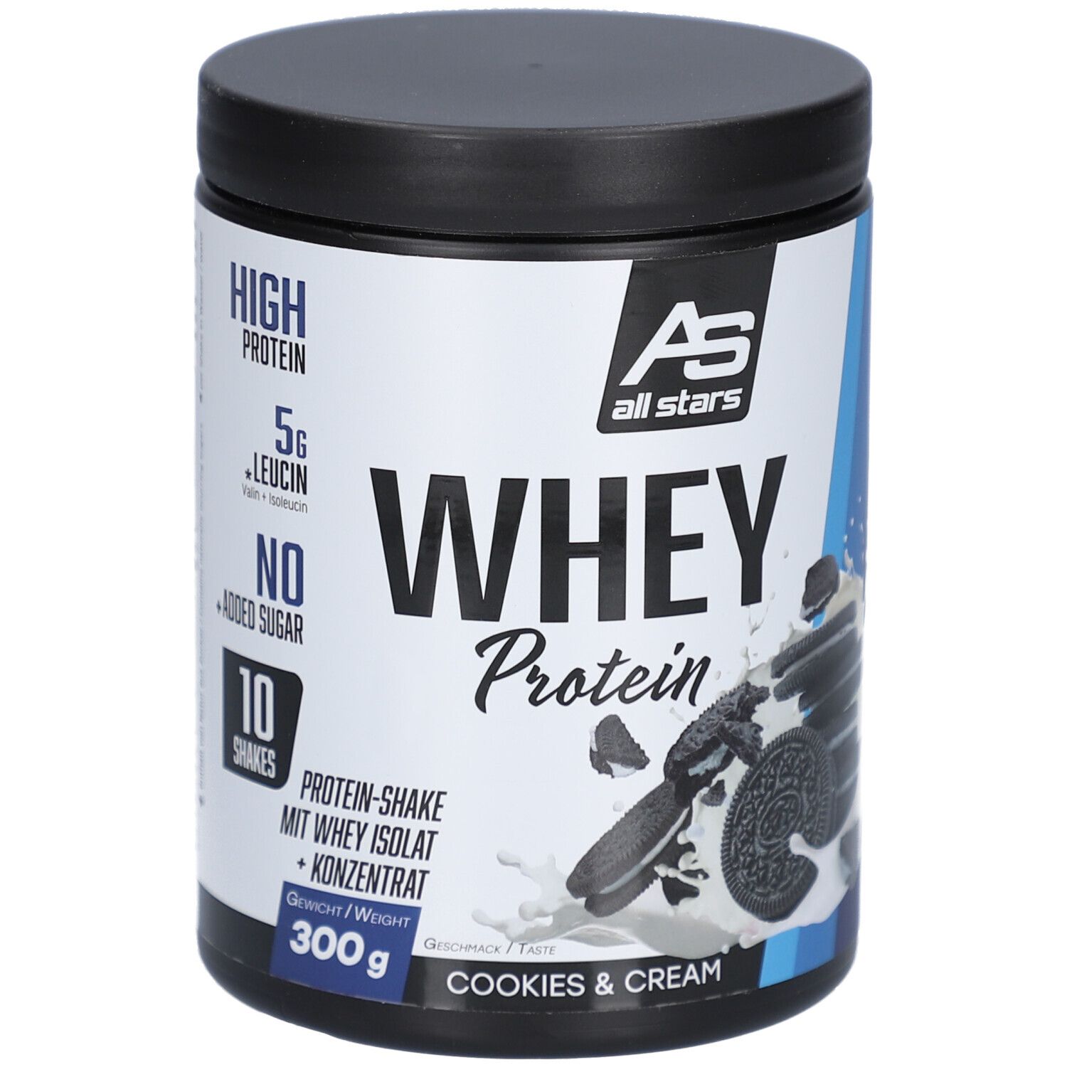 Zylinderdose mit schwarzem Deckel. Aufschrift: Whey Protein, Cookies & Cream. Enthält 300g. Marke: All Stars.