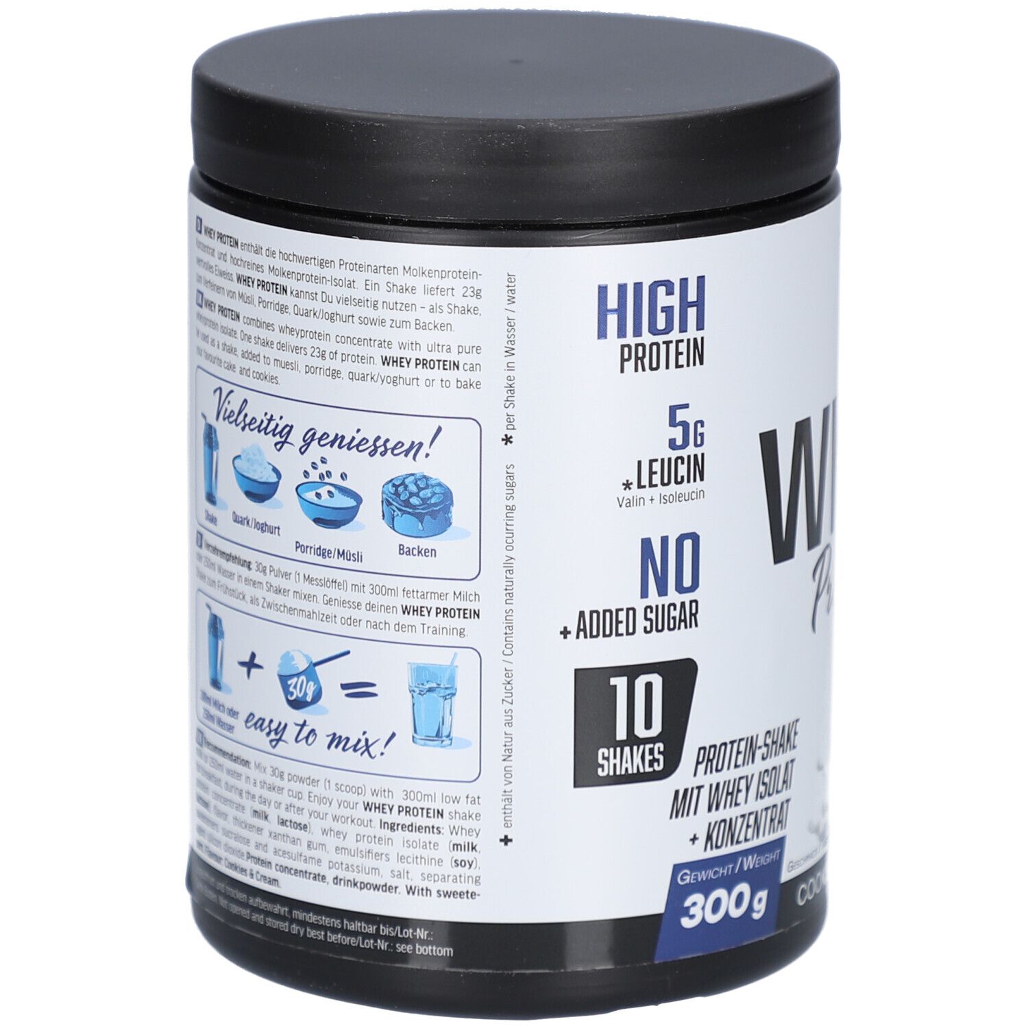 Zylinderdose mit schwarzem Deckel. Aufschrift: High Protein, 5g Leucin, No Added Sugar, 10 Shakes. Enthält 300g.