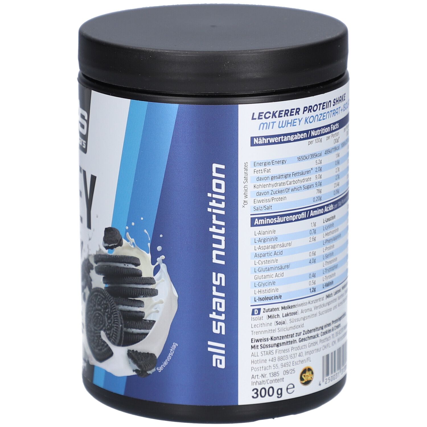 Zylinderdose mit schwarzem Deckel. Aufschrift: Whey Protein, Cookies & Cream. Marke: All Stars Nutrition. Enthält 300g.