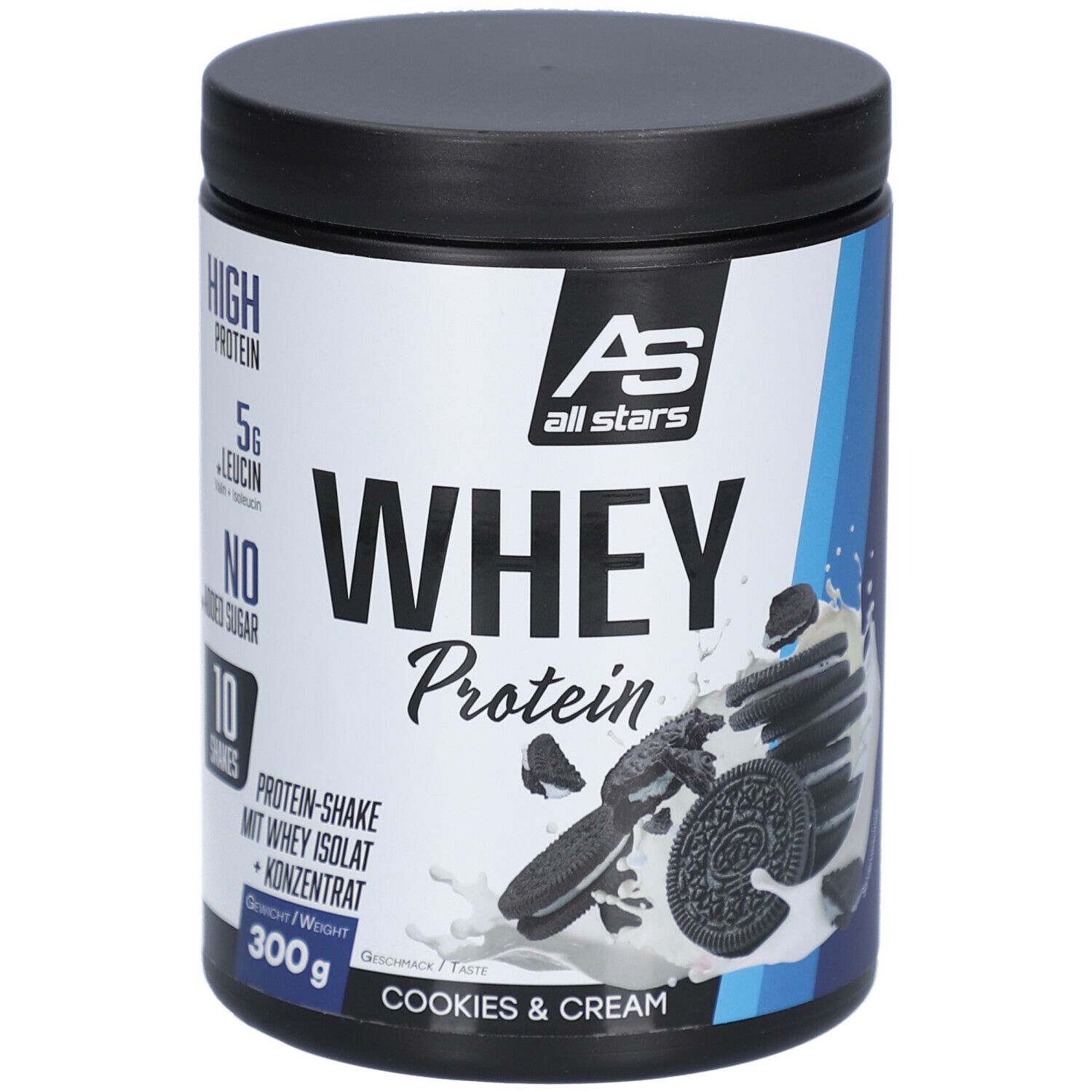 Zylinderdose mit schwarzem Deckel. Aufschrift: Whey Protein, Cookies & Cream. Marke: All Stars. Enthält 300g.