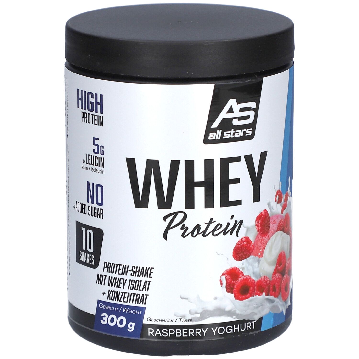 Whey Protein Raspberry Yoghurt en pot. Contient 300g. Riche en protéines, 5g de leucine, sans sucre ajouté. 10 portions.