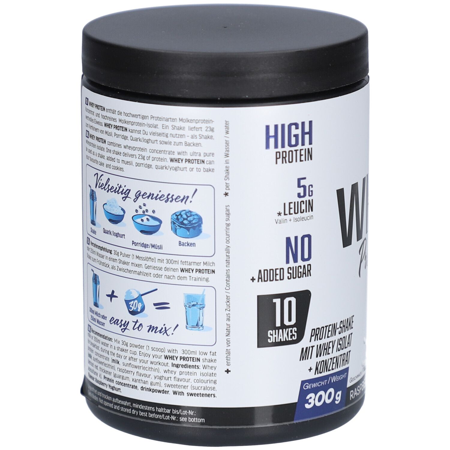 Pot de Whey Protein Raspberry Yoghurt avec informations. Contient 300g. Riche en protéines, 5g leucine, sans sucre. 10 portions.