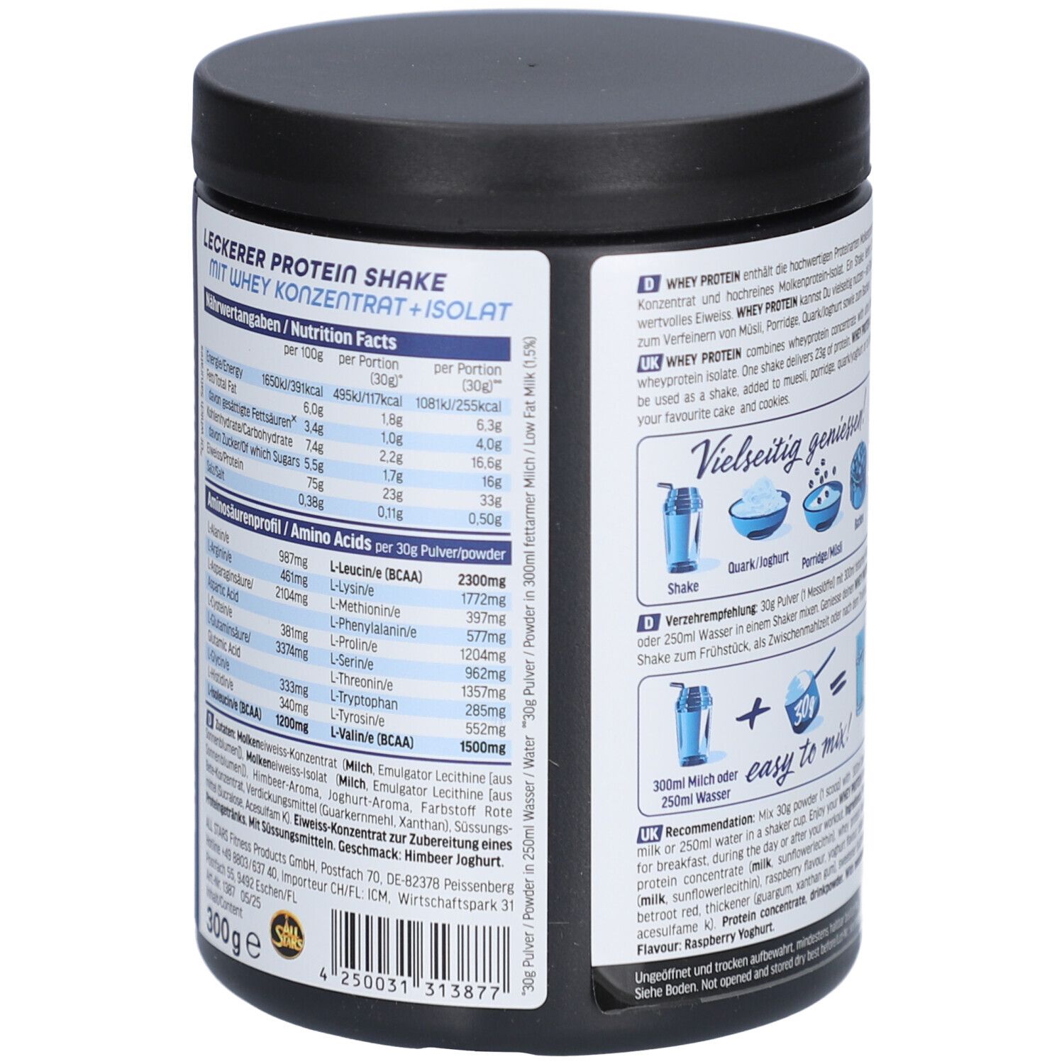 Dos du pot de Whey Protein Raspberry Yoghurt. Contient informations nutritionnelles et acides aminés. 300g.