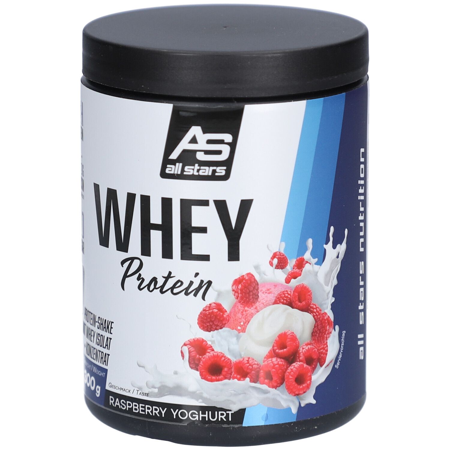 Pot de Whey Protein Raspberry Yoghurt. 300g. Avec logo All Stars. Riche en protéines, 5g leucine, sans sucre. 10 portions.
