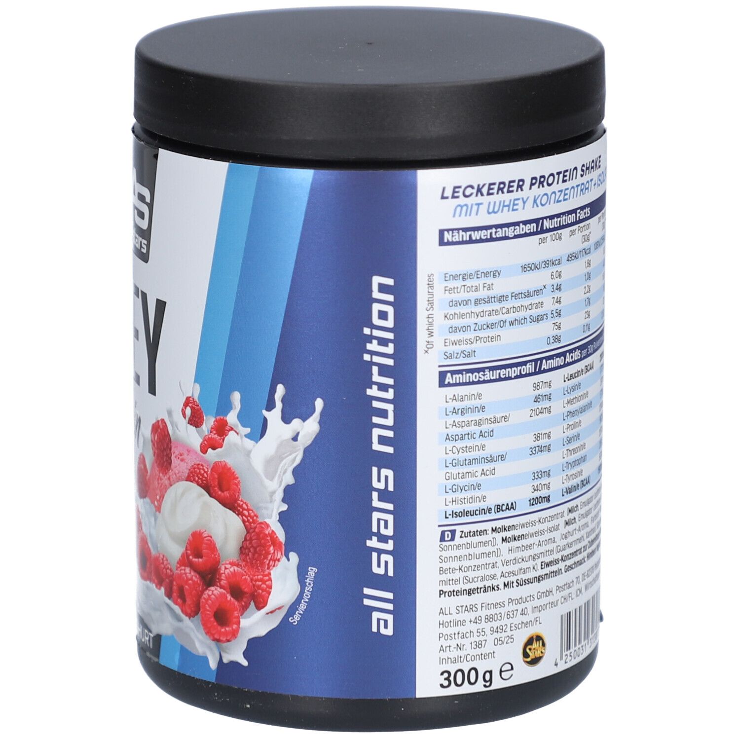 Dos du pot de Whey Protein Raspberry Yoghurt. Informations nutritionnelles et acides aminés. 300g. Logo All Stars.