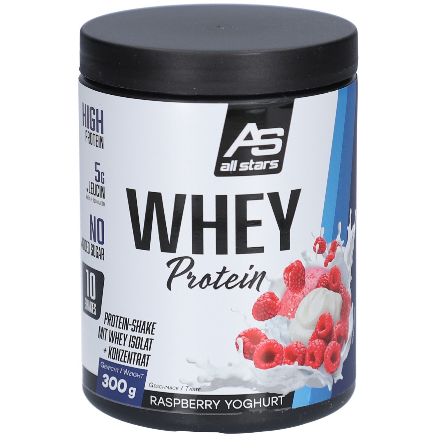 Pot de Whey Protein Raspberry Yoghurt. 300g. Riche en protéines, 5g leucine, sans sucre. 10 portions. Logo All Stars.