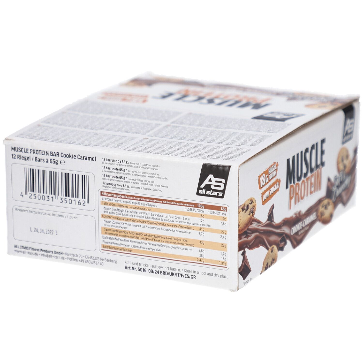 Verpackung mit Proteinriegeln. Aufschrift: MUSCLE PROTEIN BAR Cookie Caramel. Nährwertangaben. Marke: All Stars.