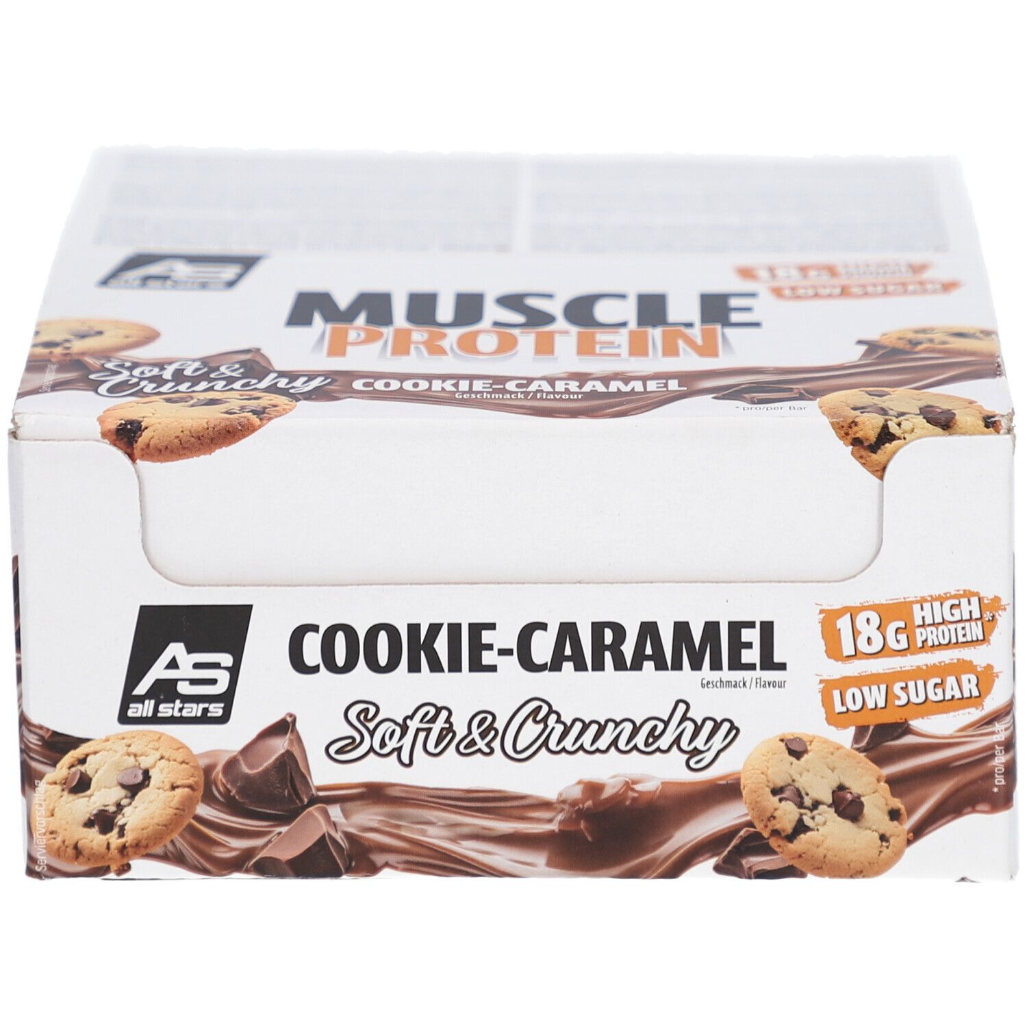 Verpackung mit Proteinriegeln. Aufschrift: Cookie-Caramel, Soft & Crunchy, 18g Protein, Low Sugar. Marke: All Stars.