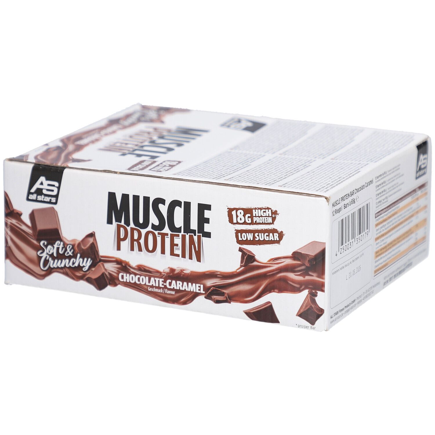 Karton mit MUSCLE PROTEIN BAR, Choco-Caramel. 18g Protein, wenig Zucker. AS all stars Logo.