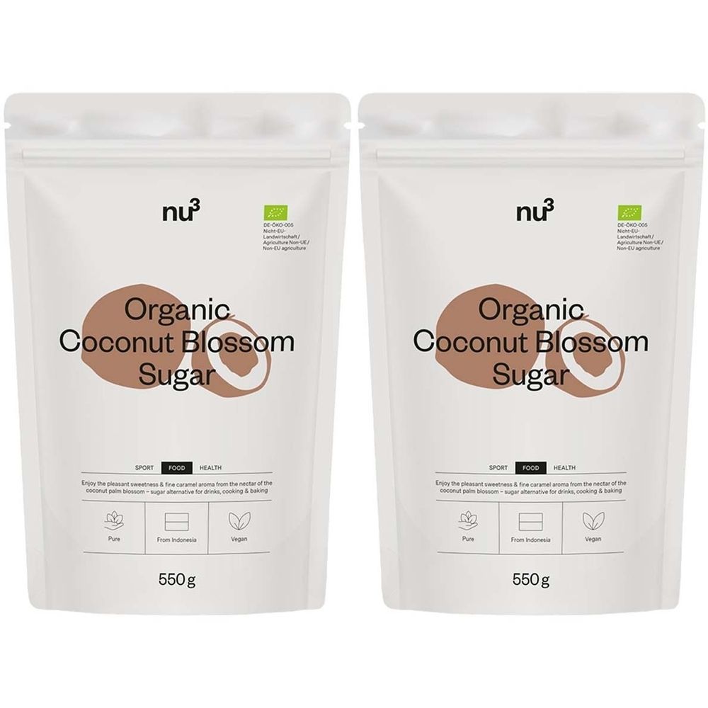 Deux paquets de sucre de fleur de coco bio. Emballage blanc avec logo et texte marron. Contient le label bio de l'UE. Inscription: Organic Coconut Blossom Sugar.