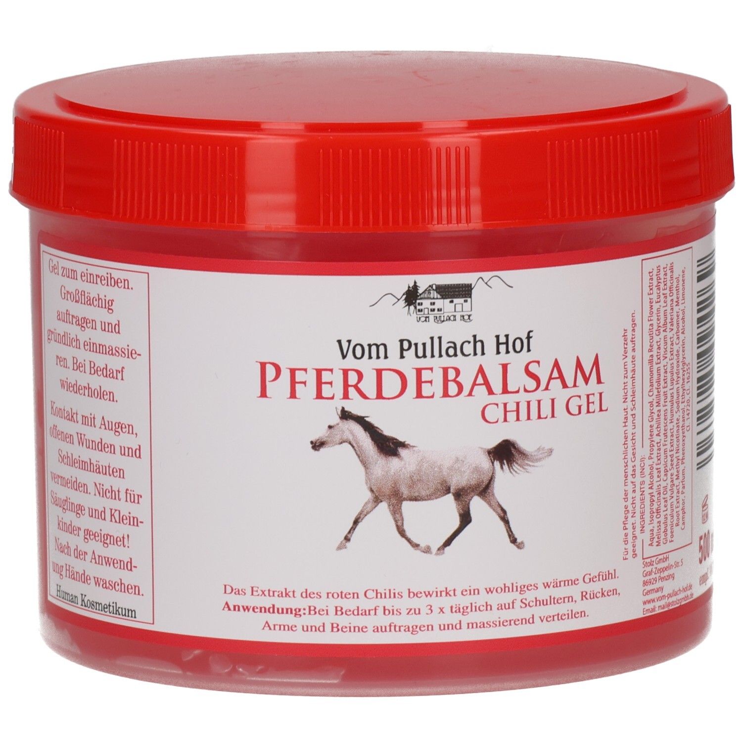 Rotes Gel in einem runden Behälter mit rotem Deckel. Aufschrift: Pferdebalsam Chili Gel. Abbildung eines Pferdes.