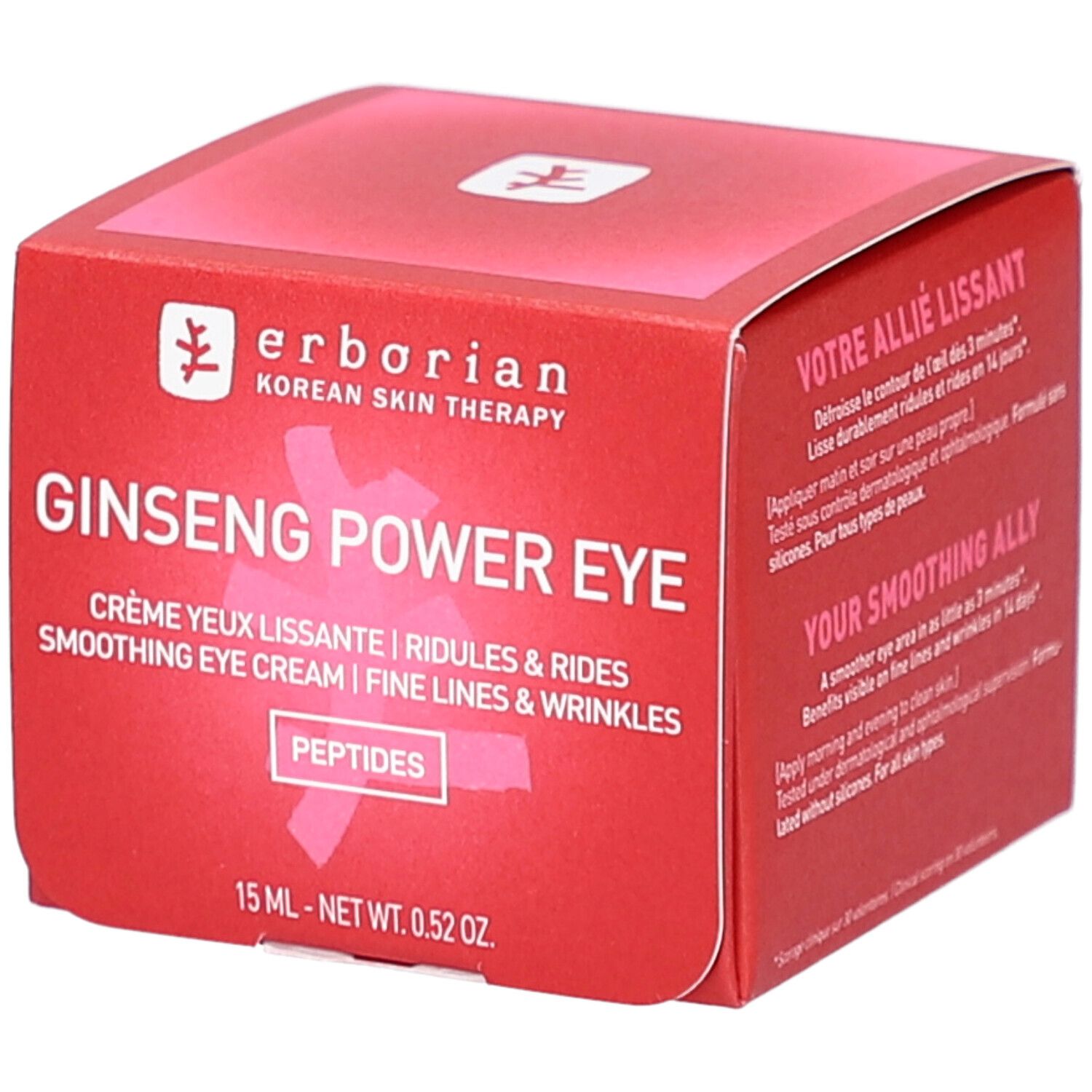 Rote Produktverpackung mit Text: Ginseng Power Eye, Smoothing Eye Cream. Enthält Peptide. 15 ml.