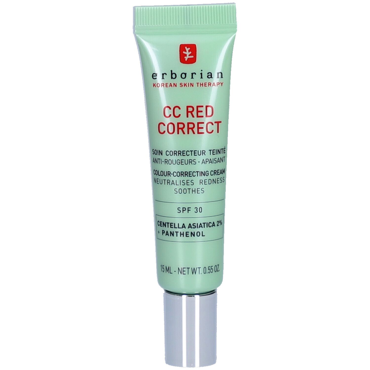 Grüne Tube mit silbernem Verschluss. Enthält CC RED CORRECT Creme. Text: SPF 30, Centella Asiatica 2% + Panthenol.