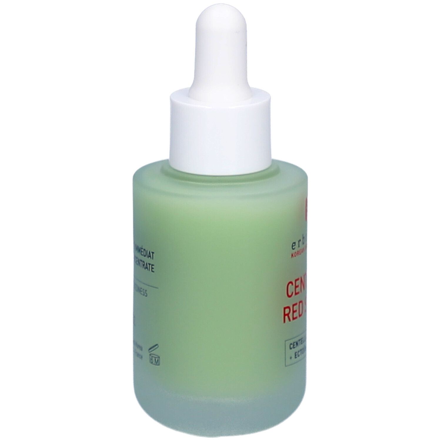 Grüne Glasflasche mit weißem Deckel und Pipette. CENTELLA RED SERUM-Aufschrift. Marke: Erborian.