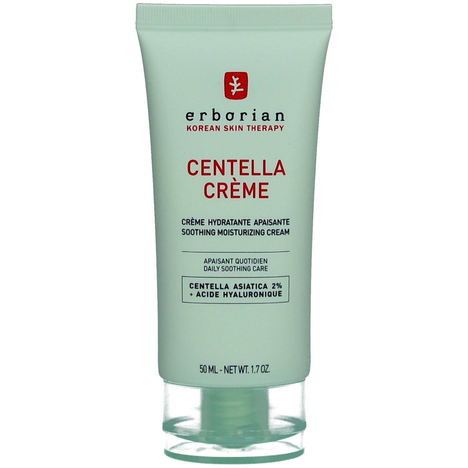 Grüne Tube mit weißer Schrift. Enthält CENTELLA CRÈME. Marke: Erborian. Aufschrift: Korean Skin Therapy. 50 ml.