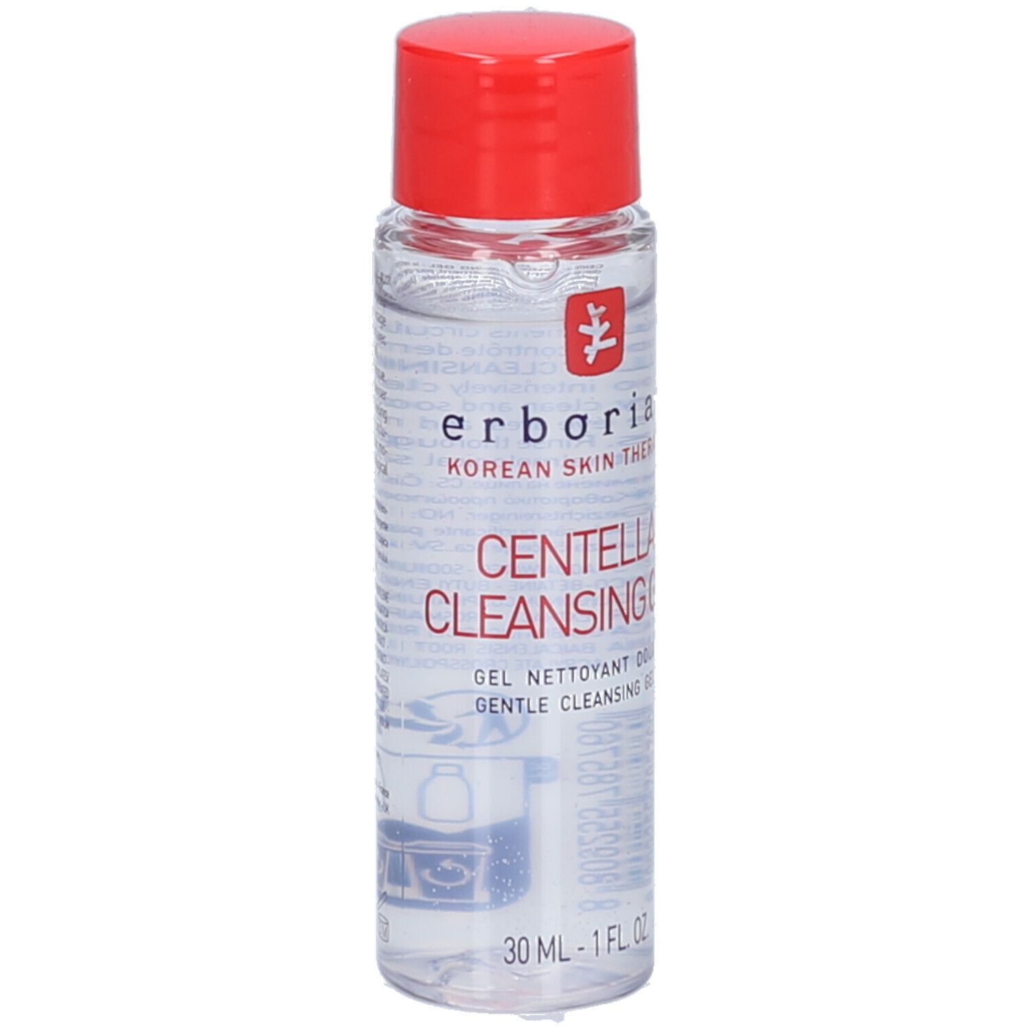 Transparente Flasche mit rotem Deckel. Aufschrift: Centella Cleansing Gel, 30 ml. Marke: Erborian.
