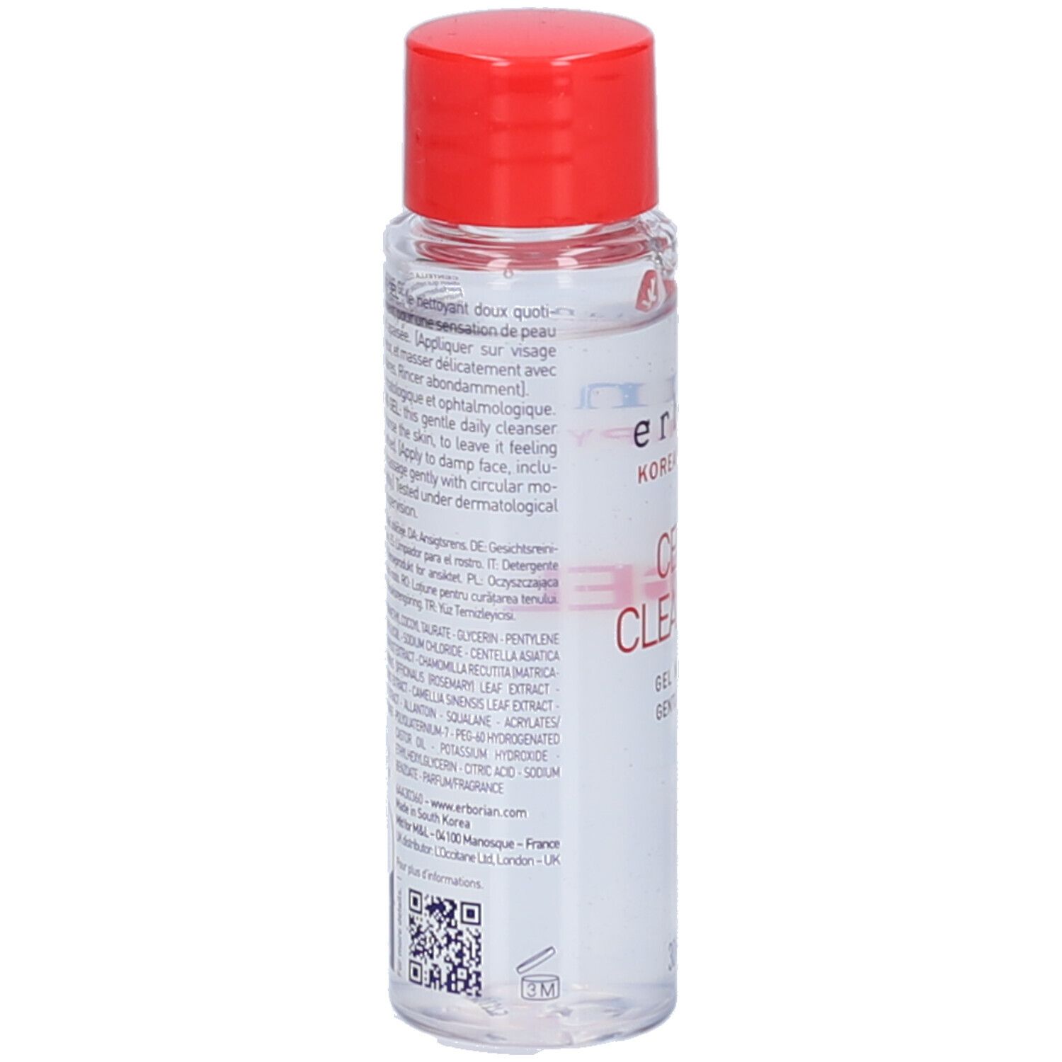 Transparente Flasche mit rotem Deckel. Rückseite mit Text und QR-Code. Marke: Erborian.