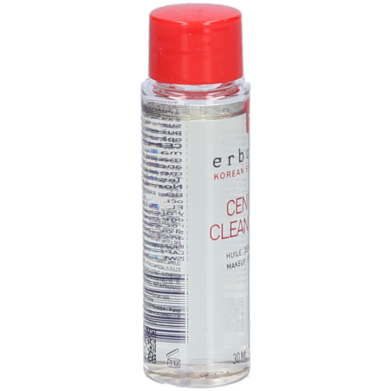Klare Flasche mit rotem Deckel. Aufschrift: Centella Cleansing Oil. Marke: Erborian. 30 ml.